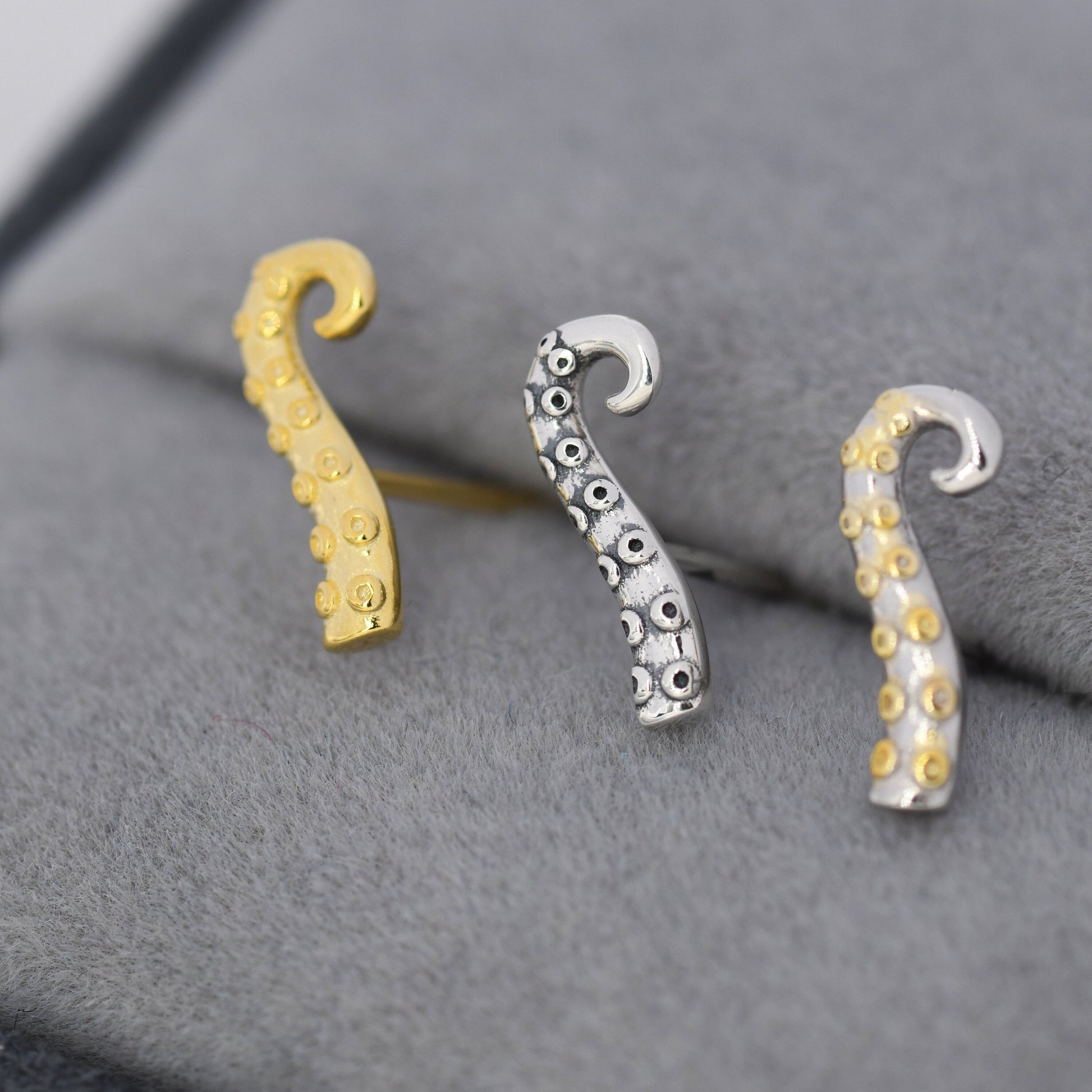 Octopus Tentacle Stud Earrings in Sterling Silver, Silver or Gold,  Dainty Earrings, Nature Inspired Animal Earrings, Stacking Earrings