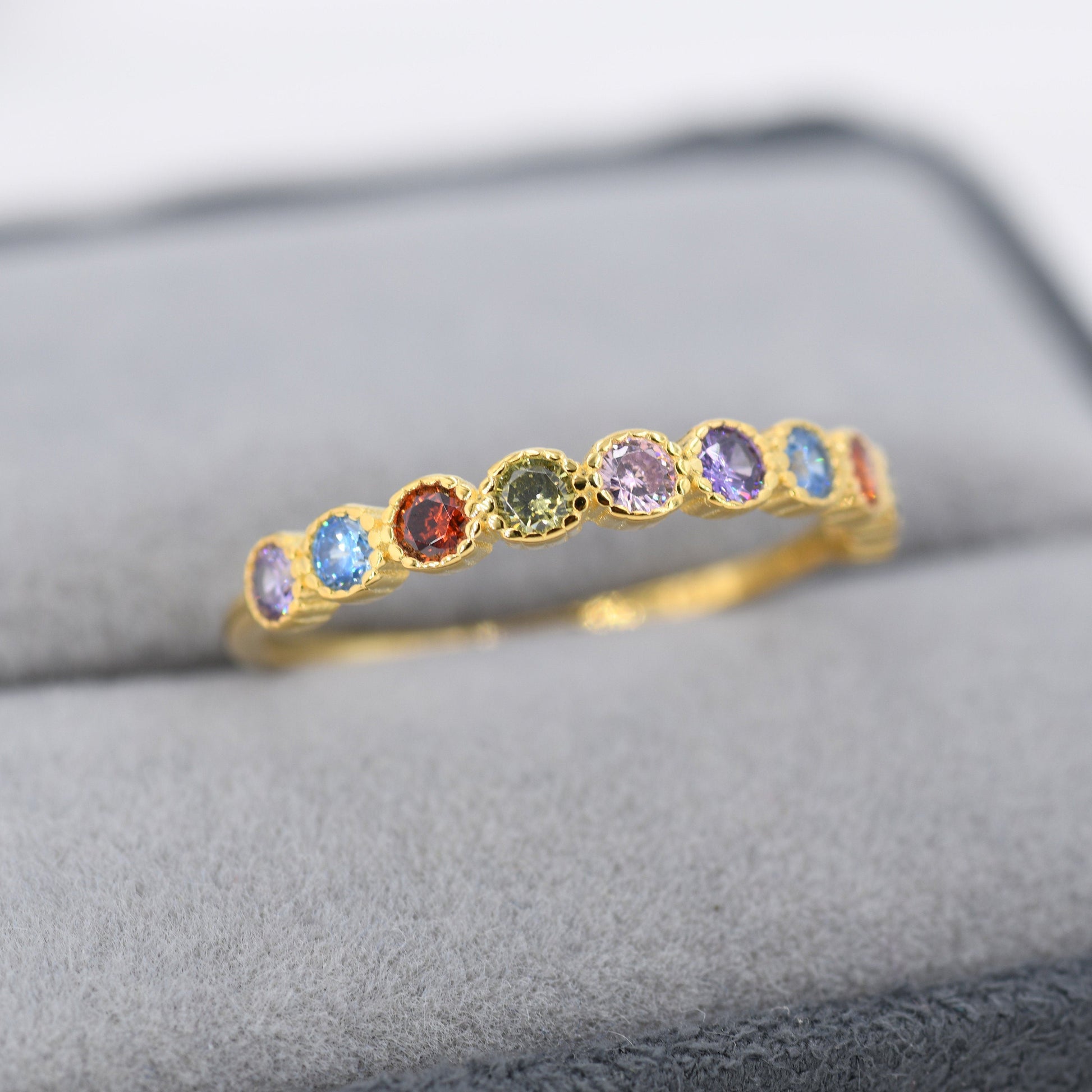 Multicolour CZ Infinity Ring in Sterling Silver, Silver or Gold, Dotted Bezel CZ Ring, Simulated Tourmaline US 5 - 8