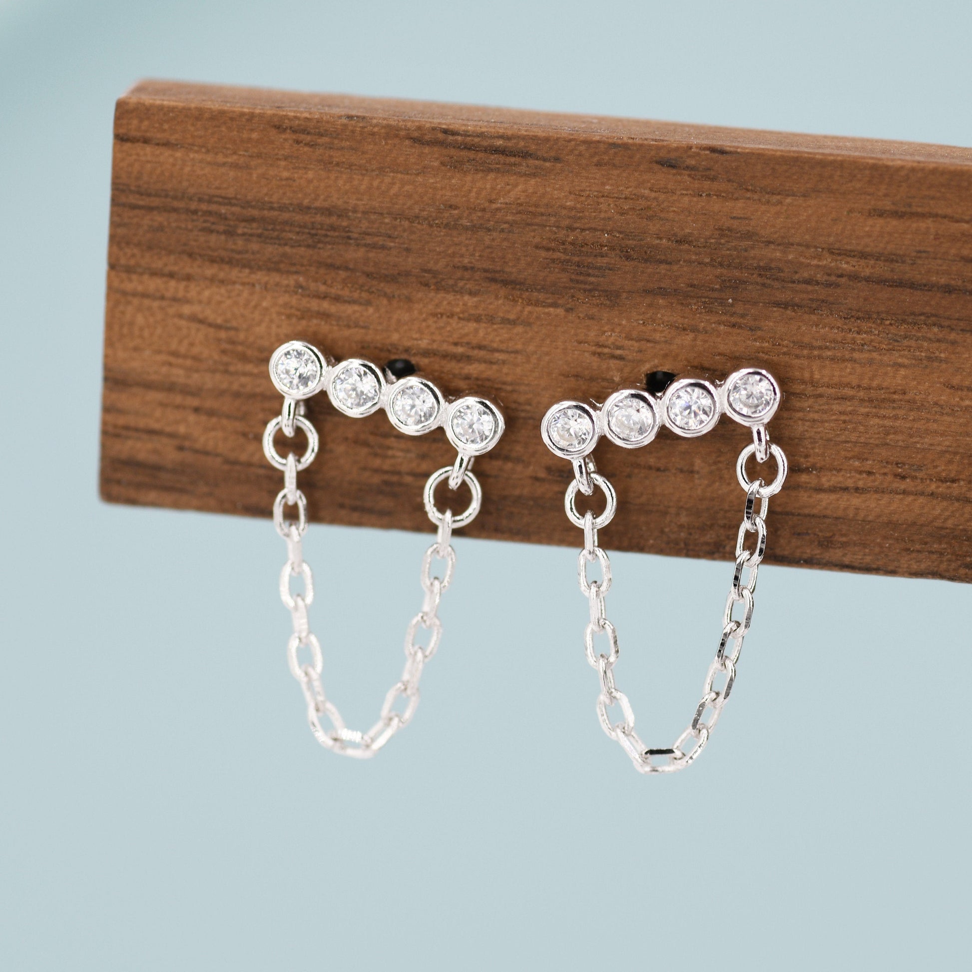 CZ Horizontal Bar Chained Stud Earrings in Sterling Silver, Silver, Gold or Rose Gold,  Dangle Chain Earrings, Single Piercing