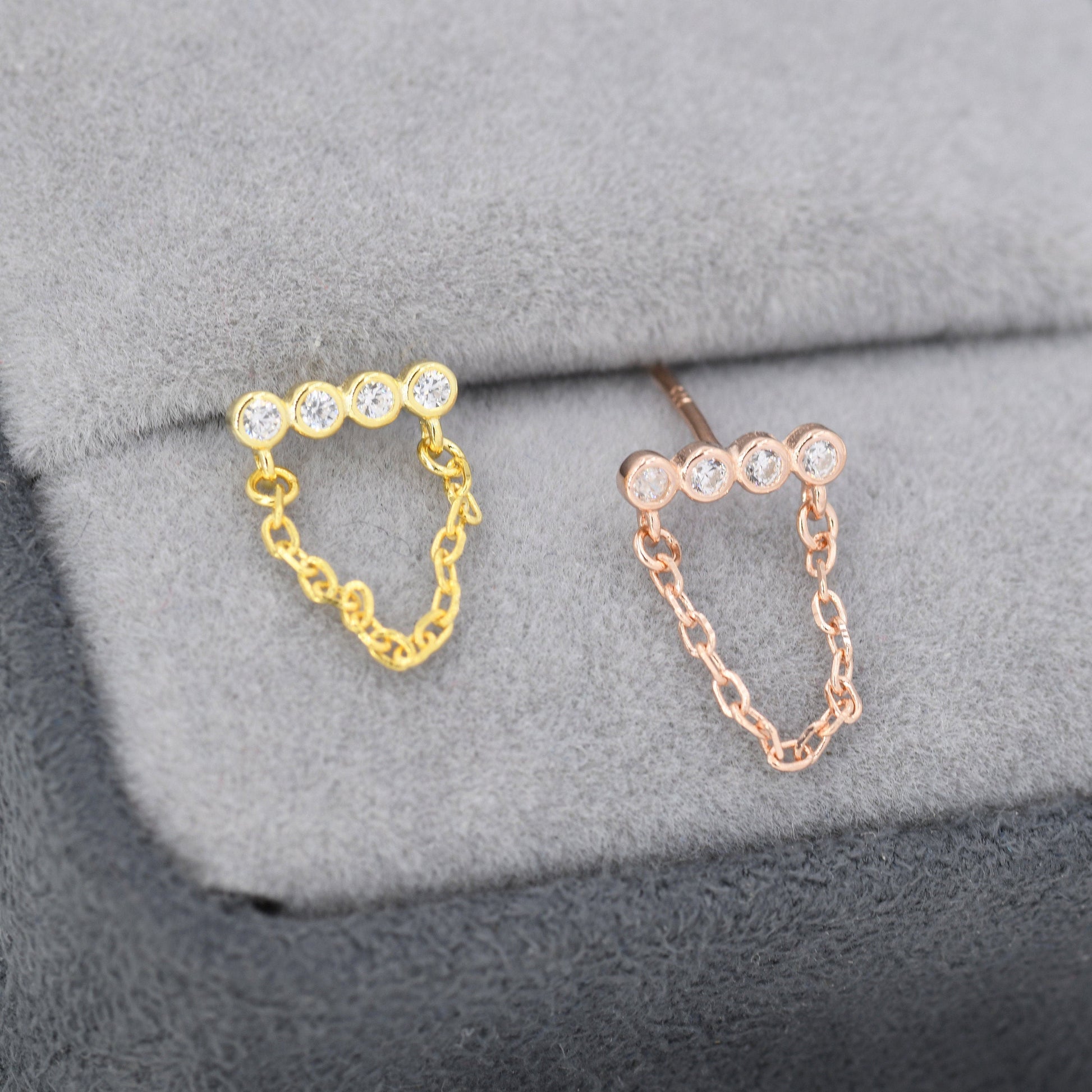 CZ Horizontal Bar Chained Stud Earrings in Sterling Silver, Silver, Gold or Rose Gold,  Dangle Chain Earrings, Single Piercing