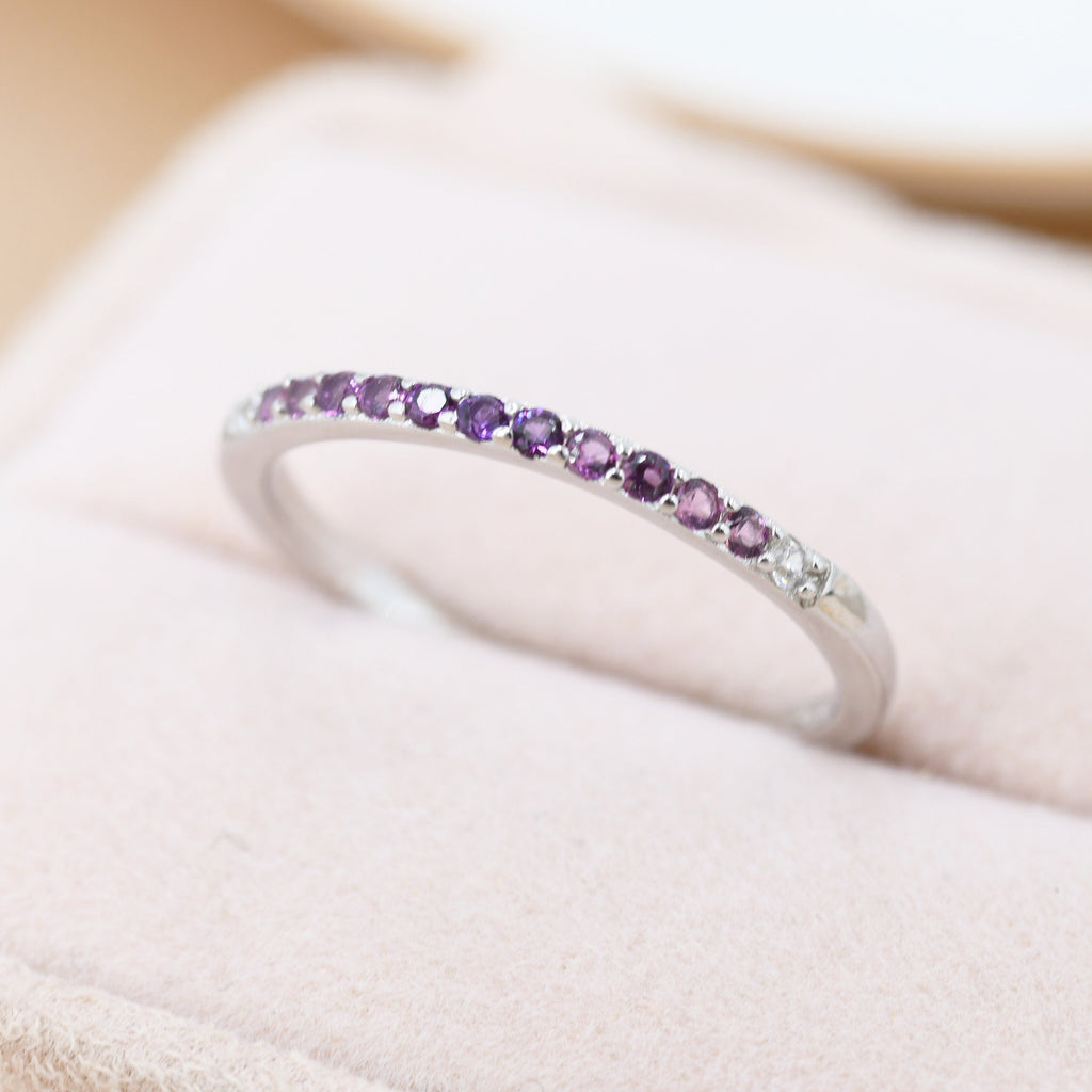 Amethyst Purple Ombre Half Eternity Ring in Sterling Silver, Silver or Gold, Purple Amethyst CZ Skinny Stacking Ring US 5 - 8
