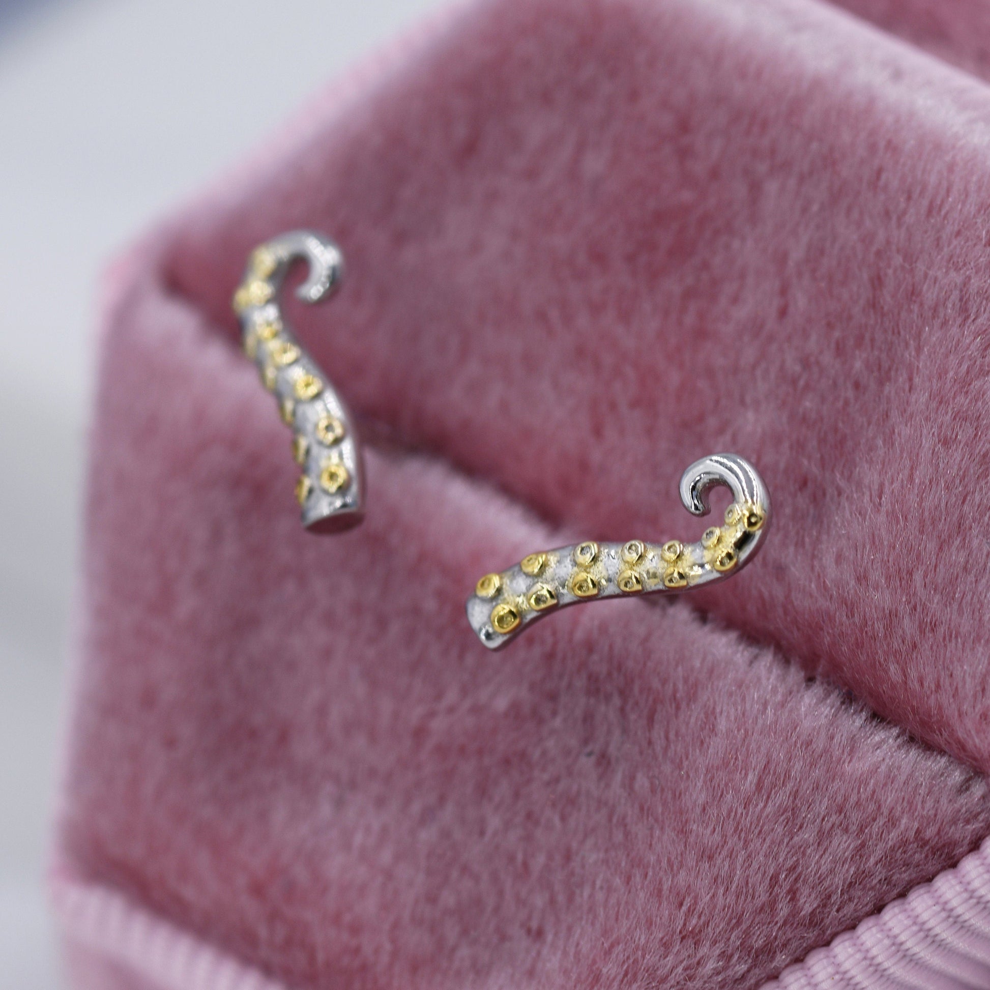 Octopus Tentacle Stud Earrings in Sterling Silver, Silver or Gold,  Dainty Earrings, Nature Inspired Animal Earrings, Stacking Earrings