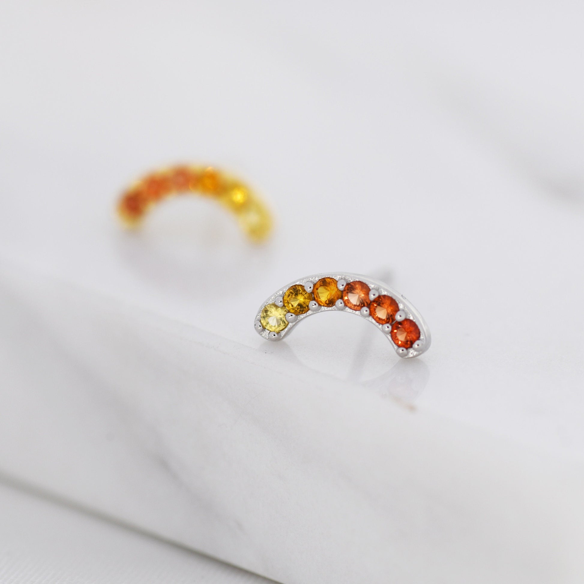 Ombre Red CZ Arch Rainbow Stud Earrings in Sterling Silver, Silver or Gold, Gradient Colour Red Pink Rainbow Earrings,  Stacking Earrings