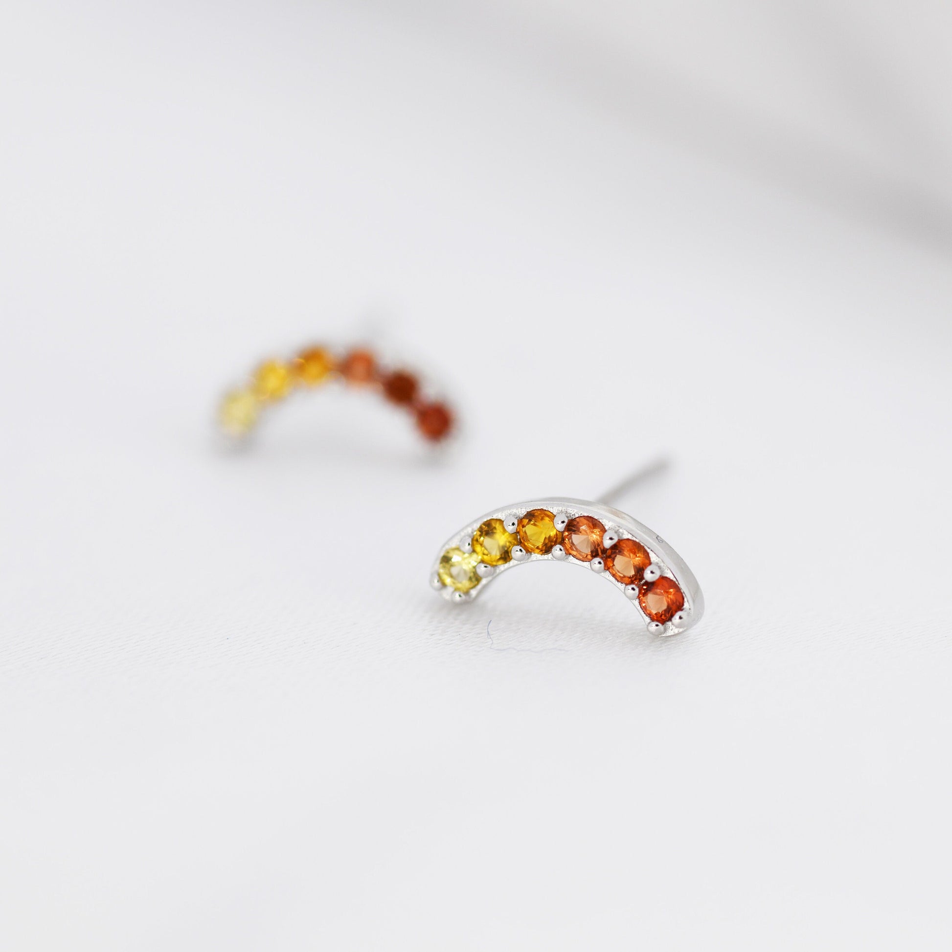 Ombre Red CZ Arch Rainbow Stud Earrings in Sterling Silver, Silver or Gold, Gradient Colour Red Pink Rainbow Earrings,  Stacking Earrings