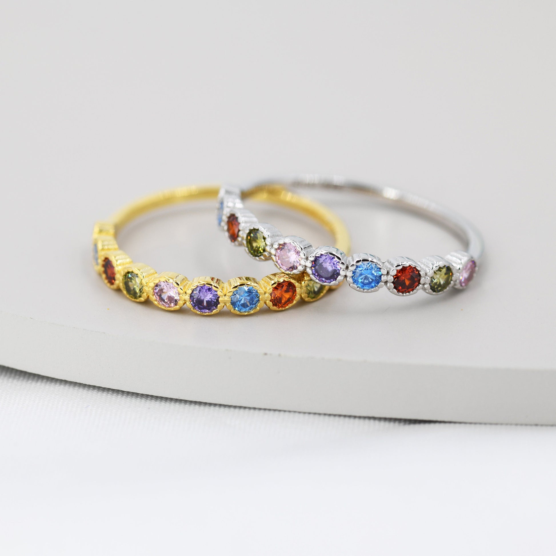 Multicolour CZ Infinity Ring in Sterling Silver, Silver or Gold, Dotted Bezel CZ Ring, Simulated Tourmaline US 5 - 8