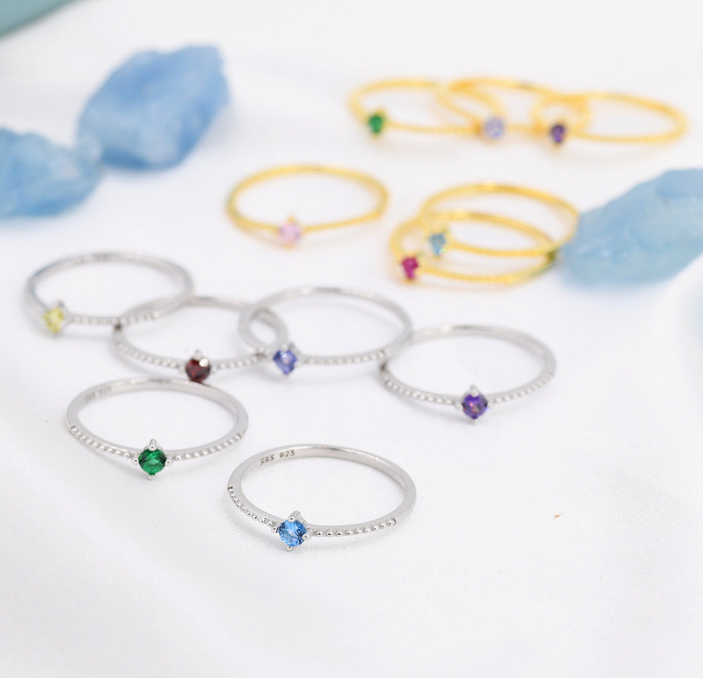 Tiny CZ Ring in Sterling Silver, Silver or Gold, Delicate Stacking Ring, Skinny Band, Size US 6 - 8, April Birthstone