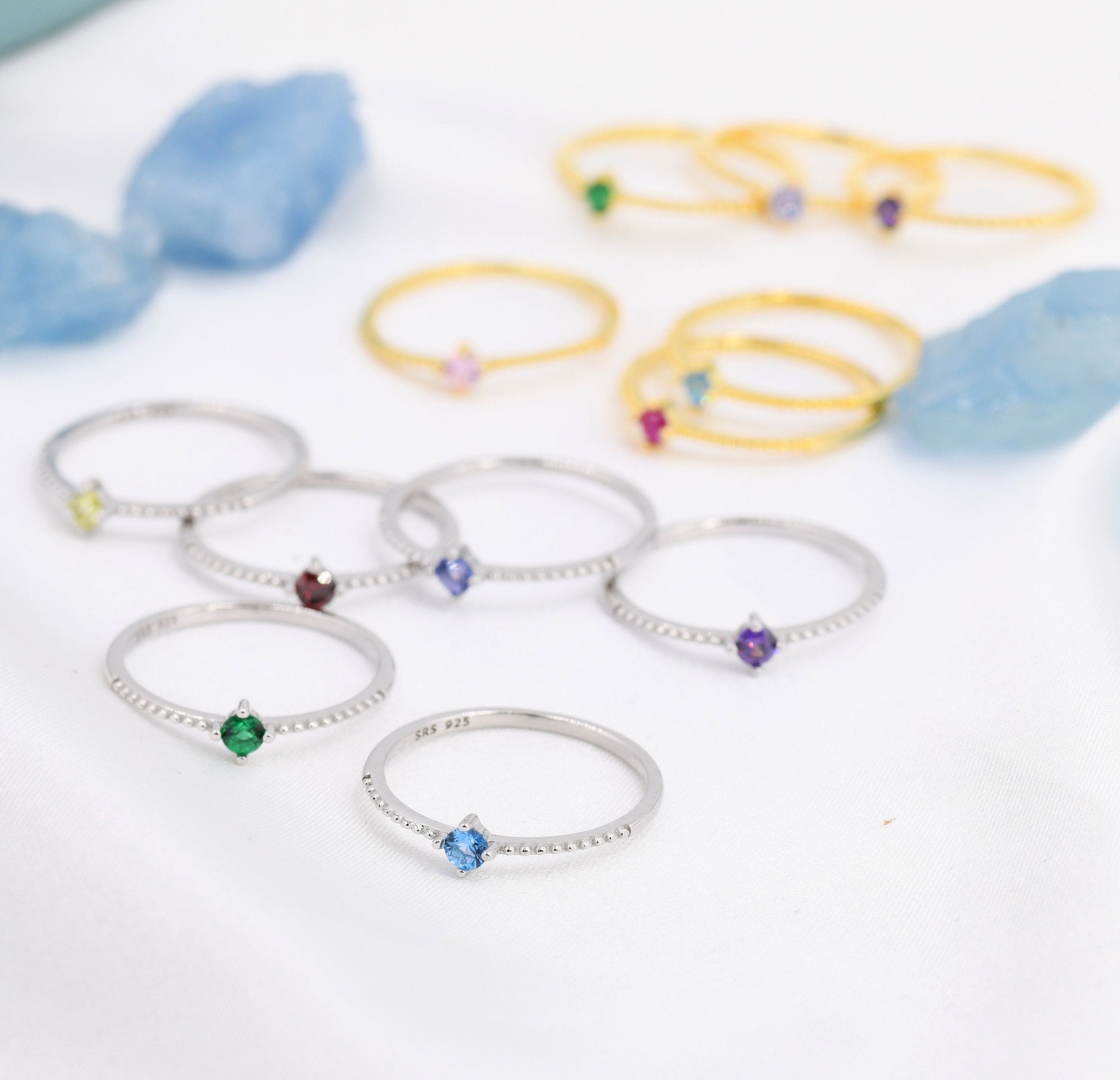 Tiny CZ Ring in Sterling Silver, Silver or Gold, Delicate Stacking Ring, Skinny Band, Size US 6 - 8, April Birthstone