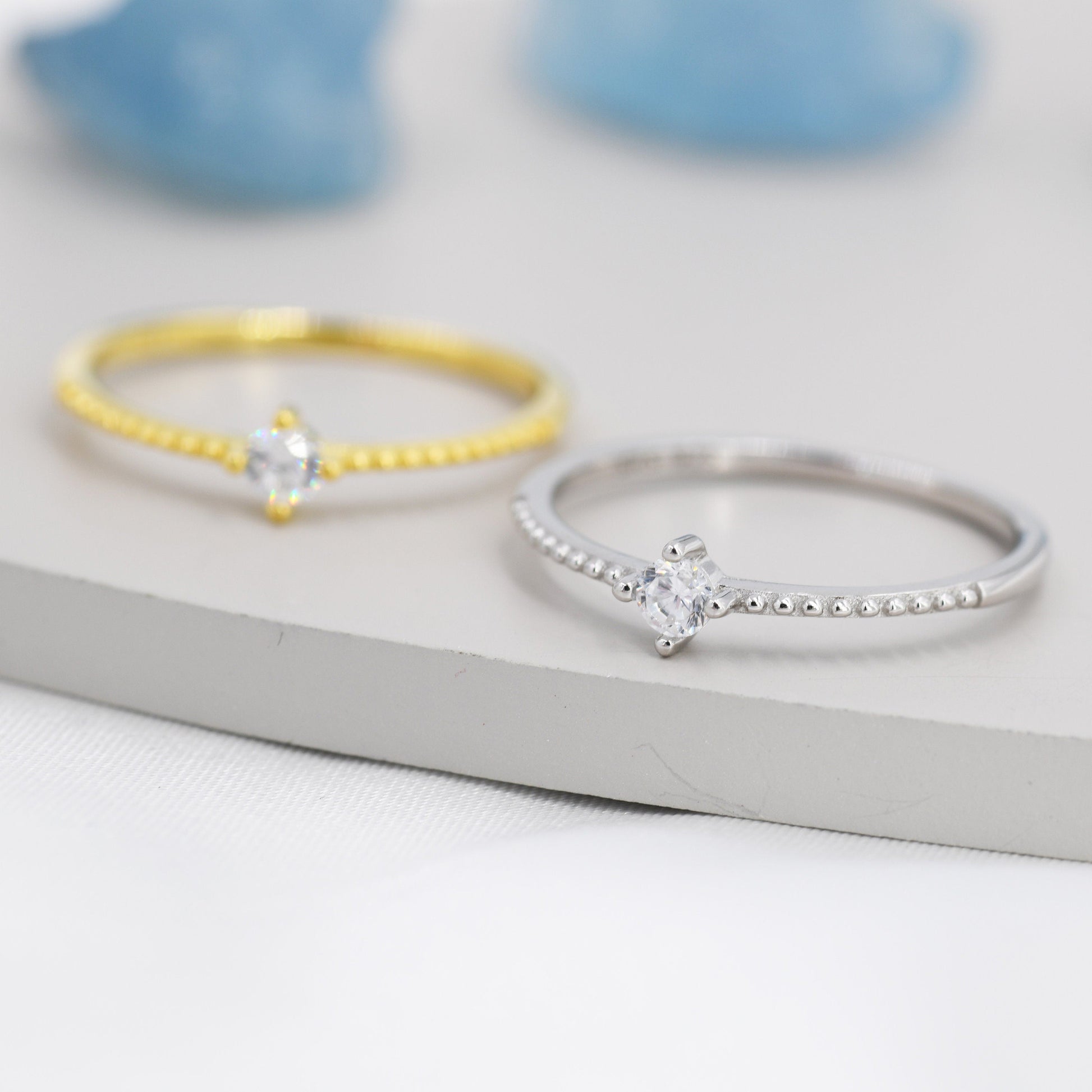 Tiny CZ Ring in Sterling Silver, Silver or Gold, Delicate Stacking Ring, Skinny Band, Size US 6 - 8, April Birthstone