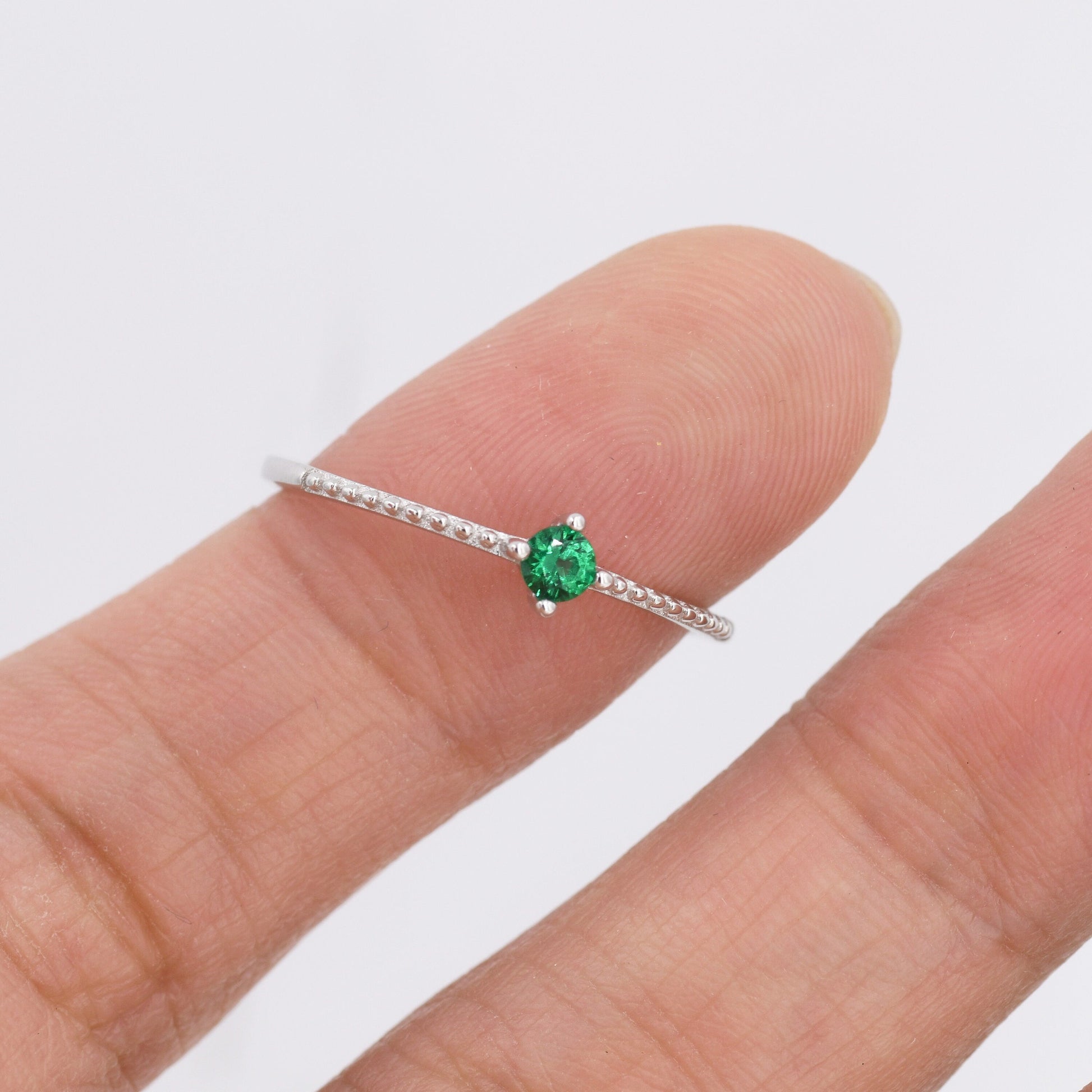 Emerald Green CZ Ring in Sterling Silver, Silver or Gold, Delicate Stacking Ring, Nesting Band, Size US 6 - 8,  May Birthstone