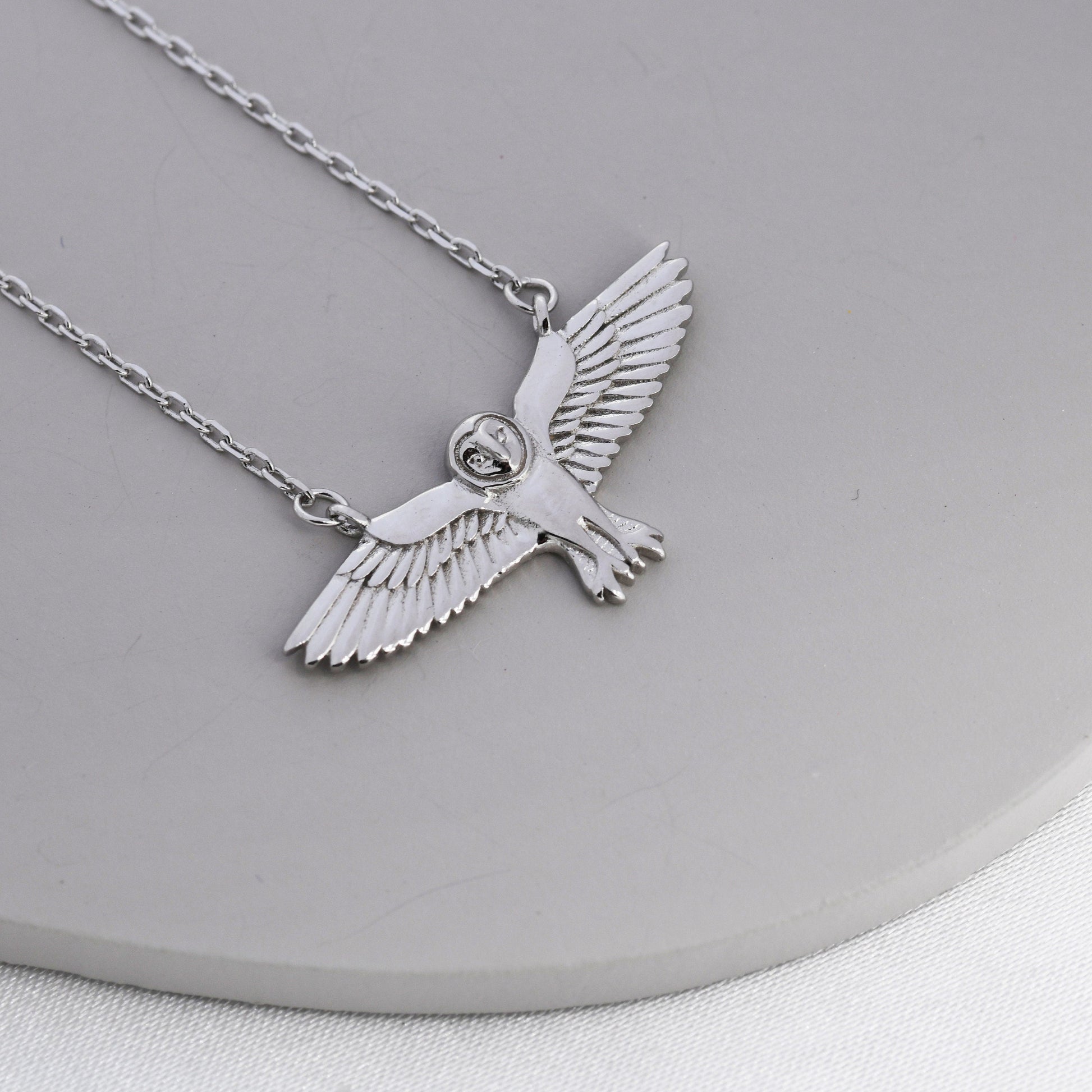 Flying Barn Owl Pendant Necklace in Sterling Silver, Owl Necklace, Silver Barn Owl Necklace, Bird Necklace, Animal Necklace