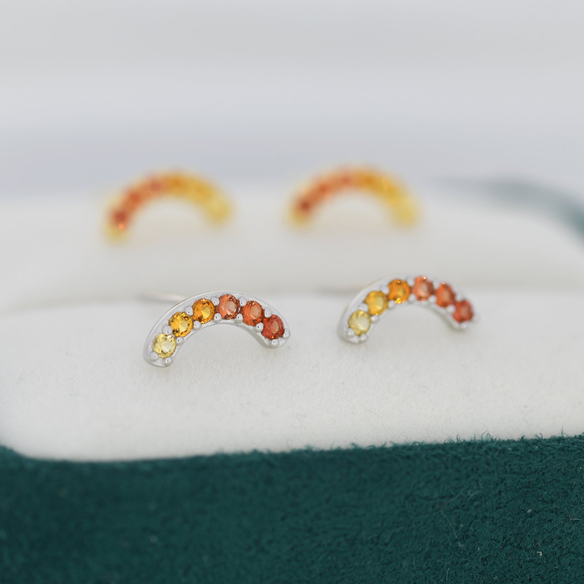 Ombre Red CZ Arch Rainbow Stud Earrings in Sterling Silver, Silver or Gold, Gradient Colour Red Pink Rainbow Earrings,  Stacking Earrings