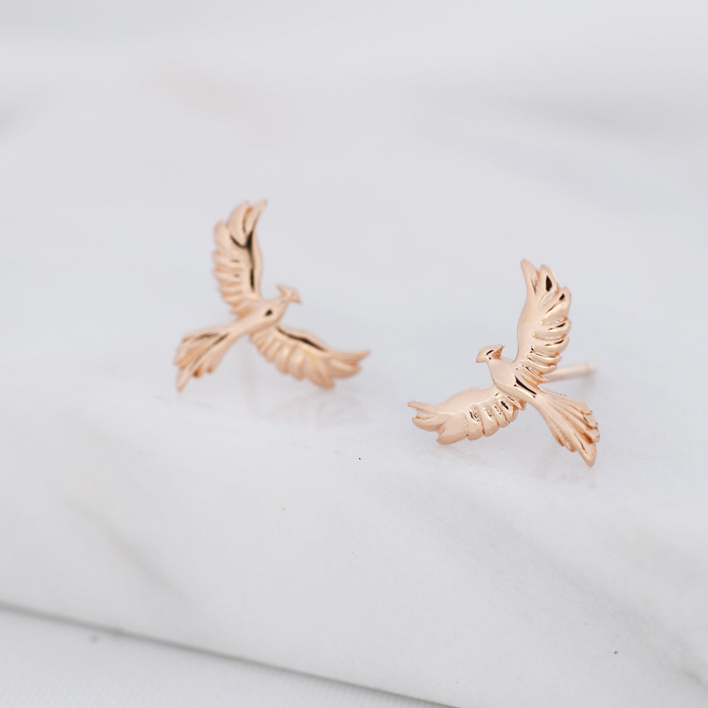 Sterling Silver Phoenix Bird Stud Earrings,  Silver, Gold or Rose Gold,  Dainty Phoenix Earrings