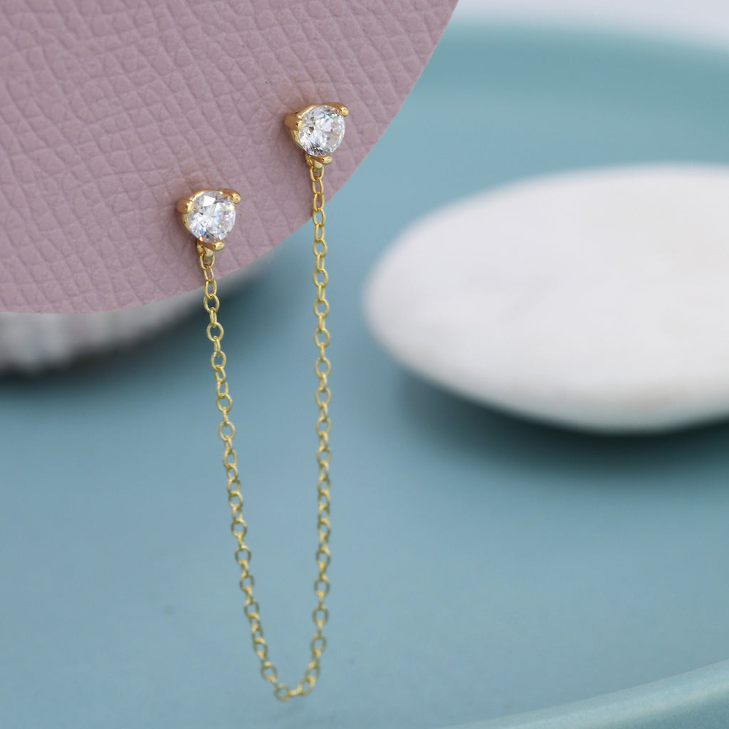 Sterling Silver Chained Earrings for Multiple Piercings, Silver or Gold, Double CZ Chained Earrings, Stacking Earrings