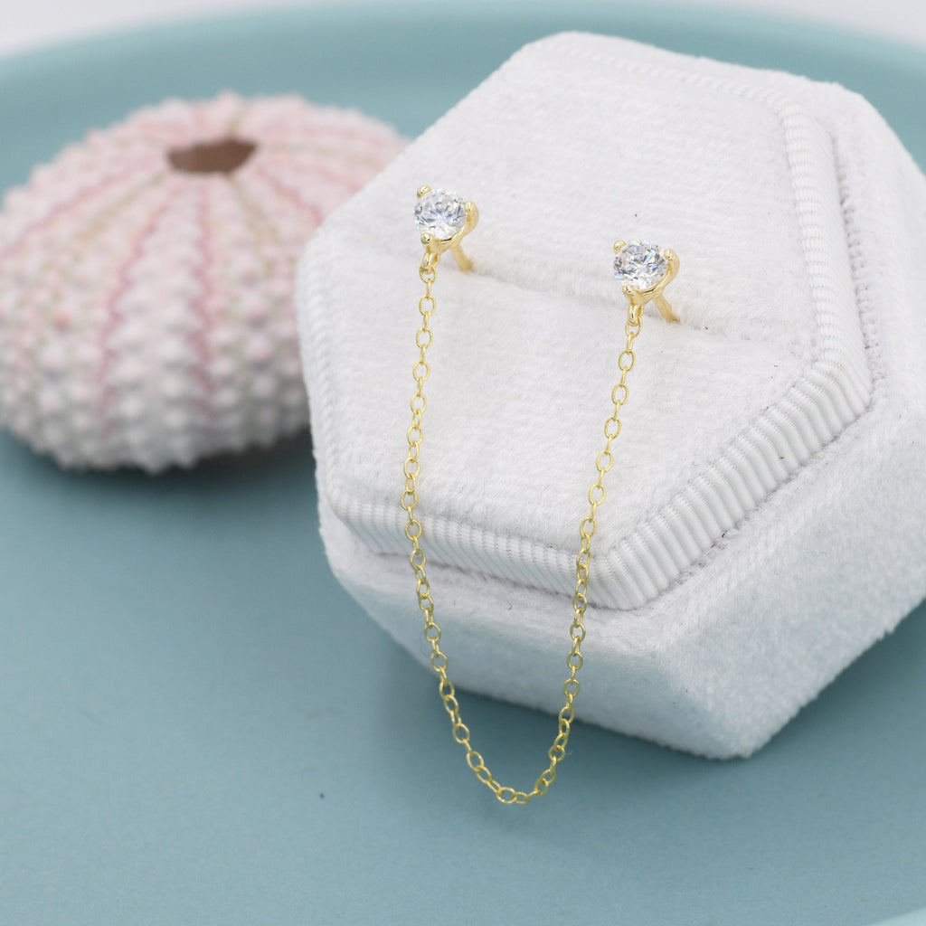 Sterling Silver Chained Earrings for Multiple Piercings, Silver or Gold, Double CZ Chained Earrings, Stacking Earrings
