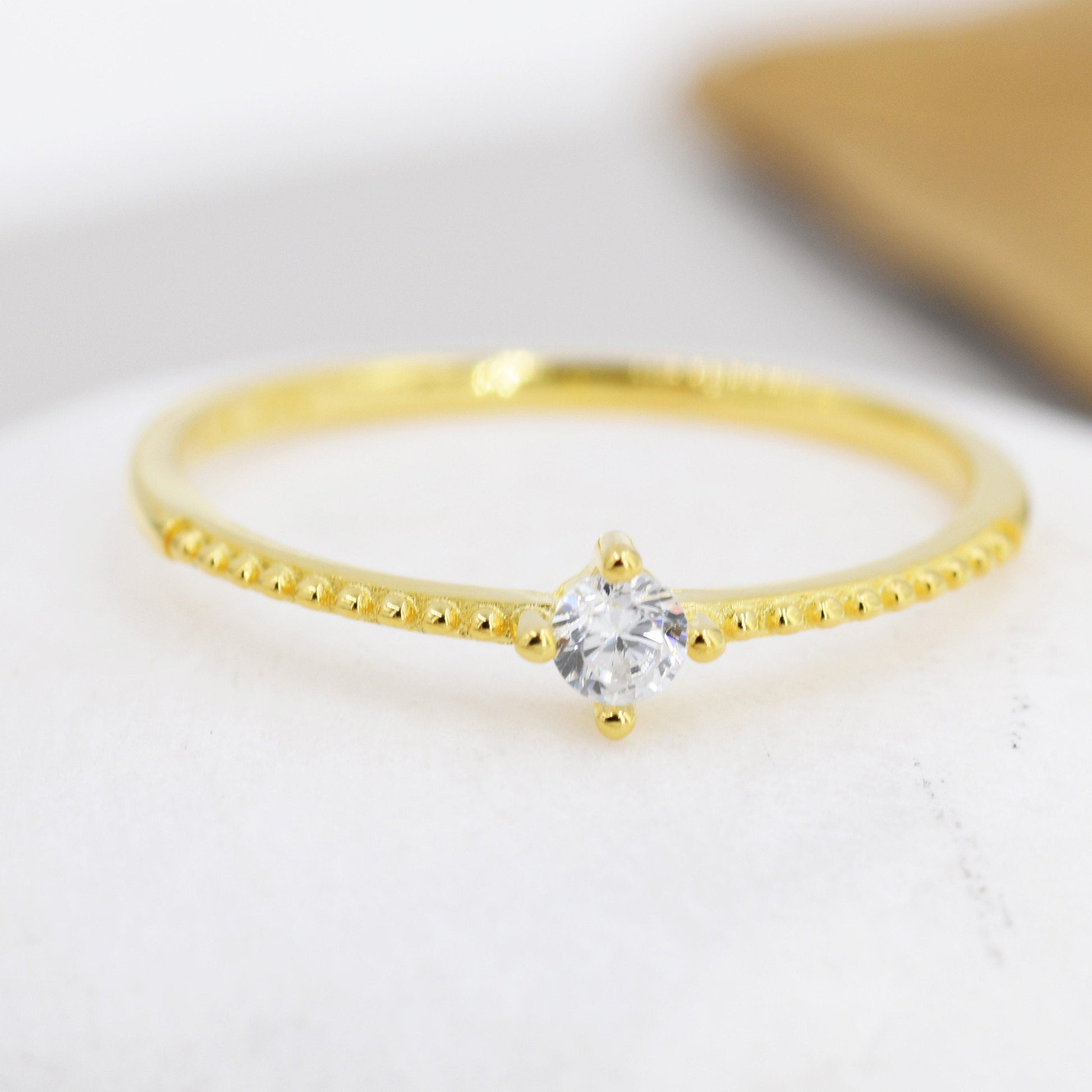 Tiny CZ Ring in Sterling Silver, Silver or Gold, Delicate Stacking Ring, Skinny Band, Size US 6 - 8, April Birthstone