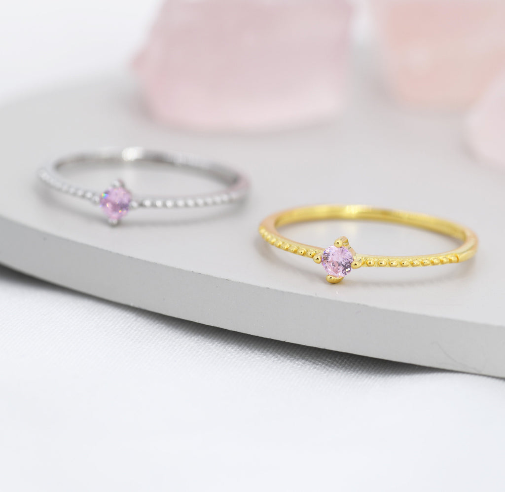 Tourmaline Pink CZ Ring in Sterling Silver, Silver or Gold, Delicate Stacking Ring, Pink CZ Skinny Band, Size US 6 - 8, October Birthstone
