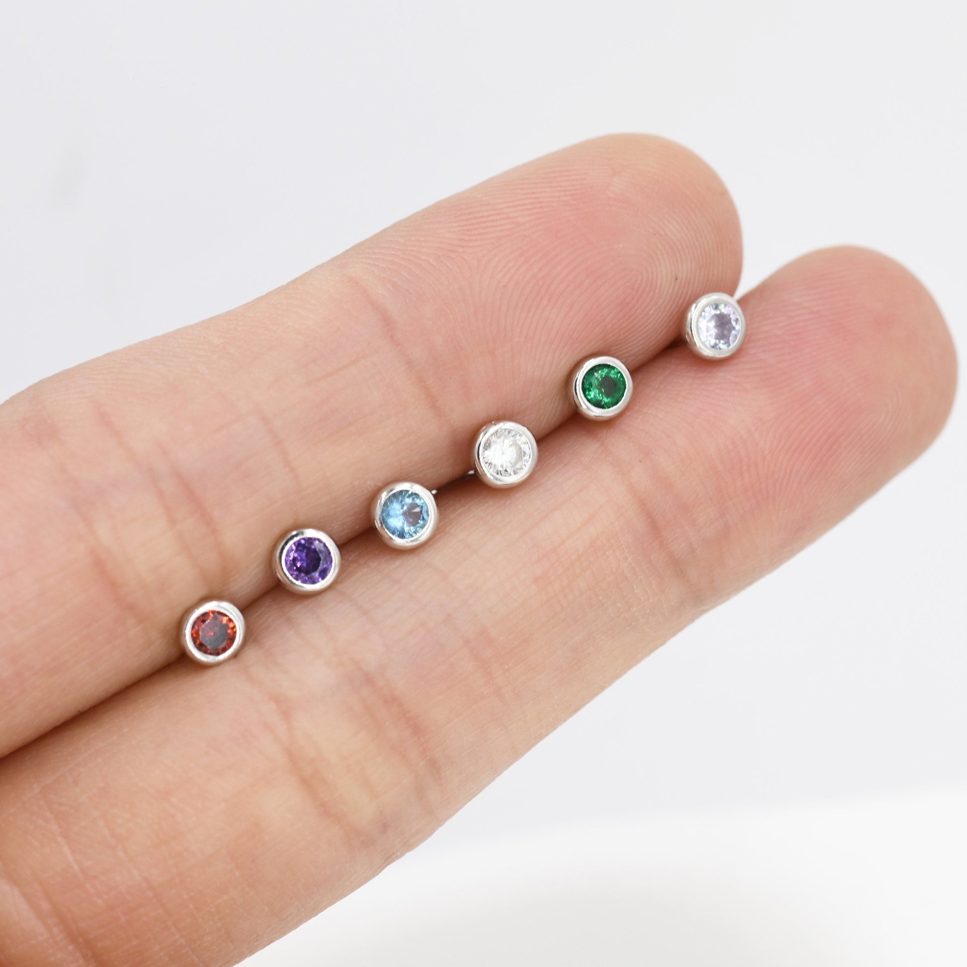 Sterling Silver Tiny Birthstone Stud Earrings,  4mm Birthstone CZ Earrings, Silver, Gold or Rose Gold, Stacking Earrings
