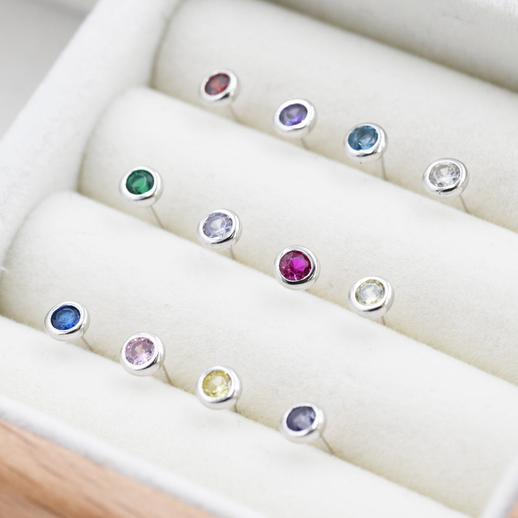 Sterling Silver Tiny Birthstone Stud Earrings,  4mm Birthstone CZ Earrings, Silver, Gold or Rose Gold, Stacking Earrings