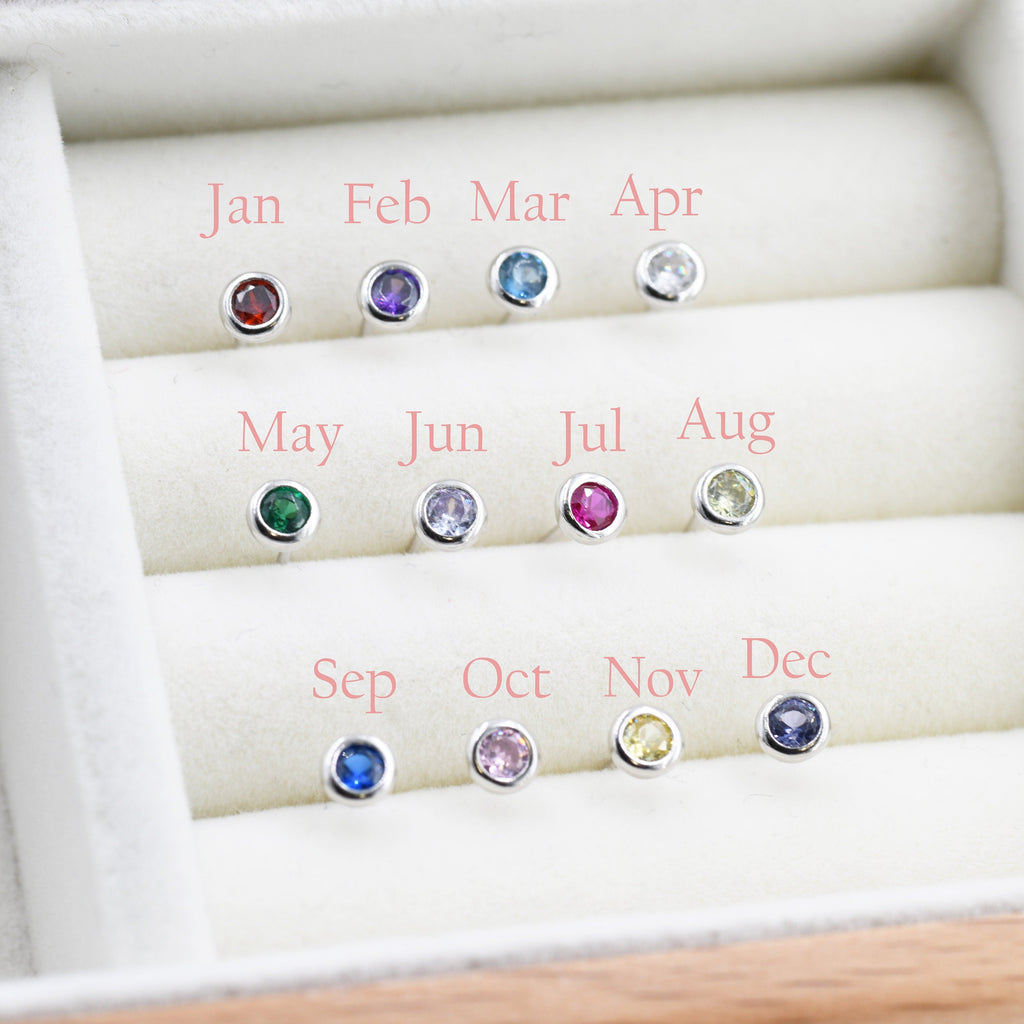Sterling Silver Tiny Birthstone Stud Earrings,  4mm Birthstone CZ Earrings, Silver, Gold or Rose Gold, Stacking Earrings