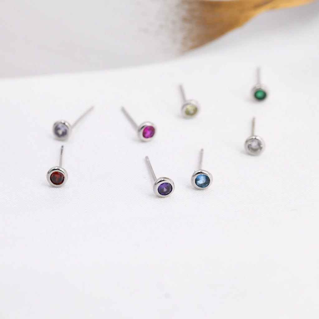 Sterling Silver Tiny Birthstone Stud Earrings,  4mm Birthstone CZ Earrings, Silver, Gold or Rose Gold, Stacking Earrings