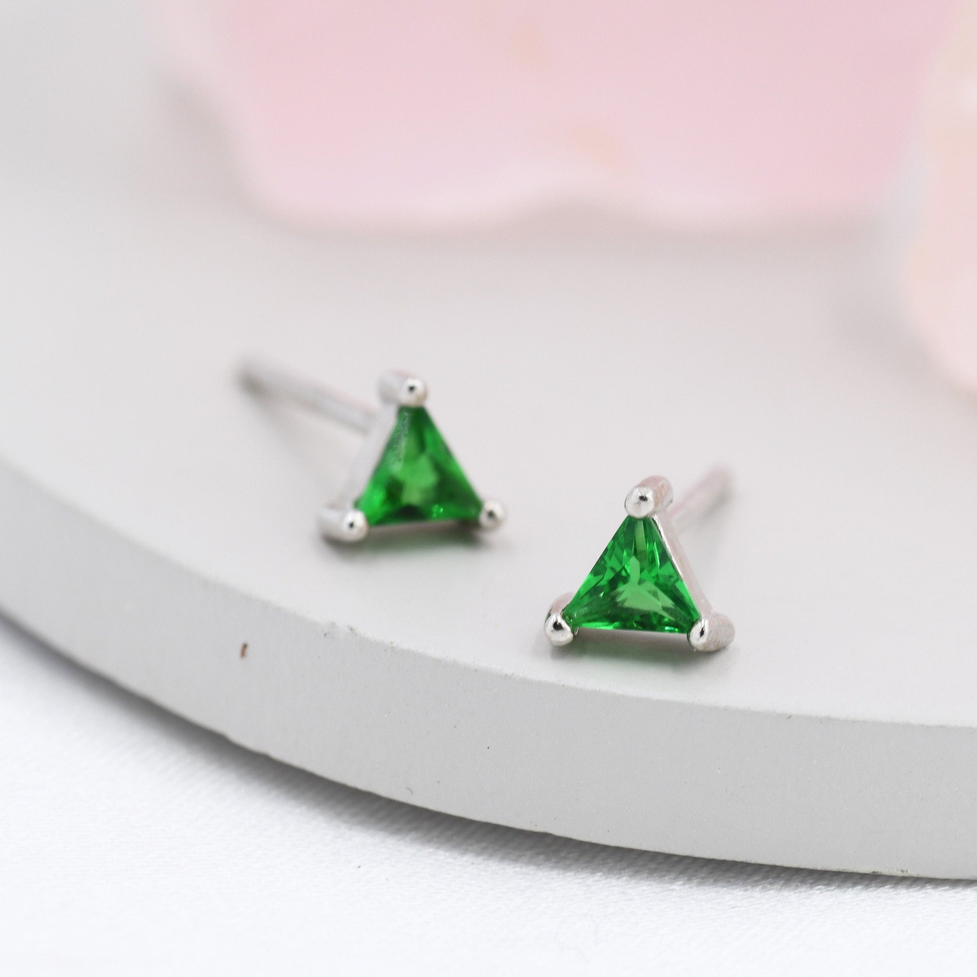 Emerald Green CZ Triangle Stud Earrings in Sterling Silver, Silver or Gold, Dainty Earrings,  Stacking Earrings, CZ Crystal Stud
