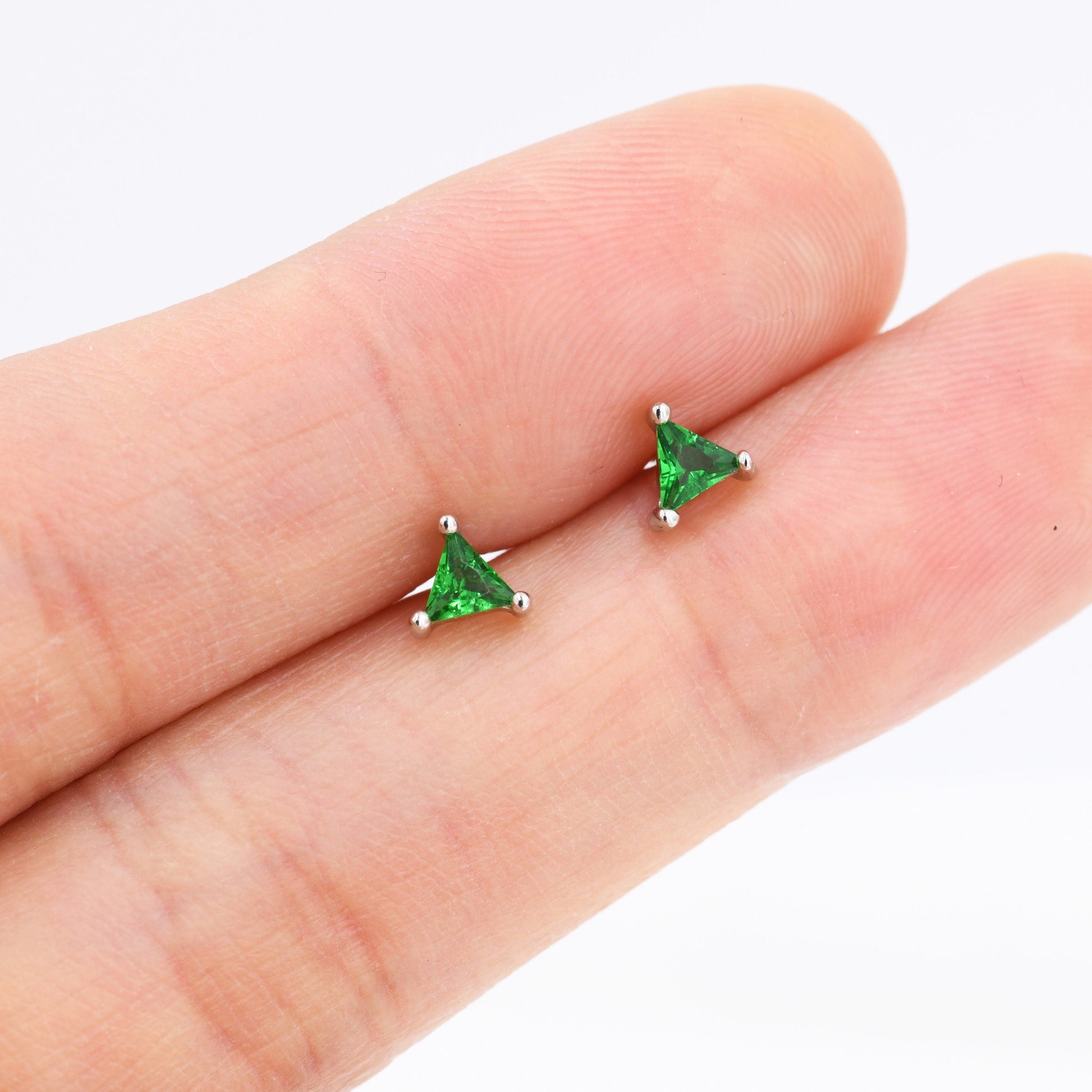 Emerald Green CZ Triangle Stud Earrings in Sterling Silver, Silver or Gold, Dainty Earrings,  Stacking Earrings, CZ Crystal Stud