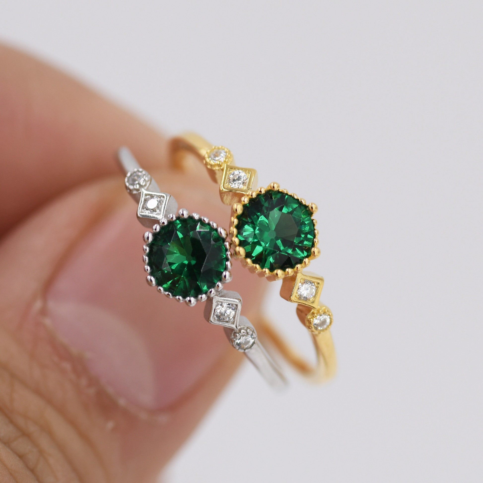 Emerald Ring in Sterling Silver, Silver or Gold, Emerald Green CZ Ring, Vintage Inspired Design US 5 - 8