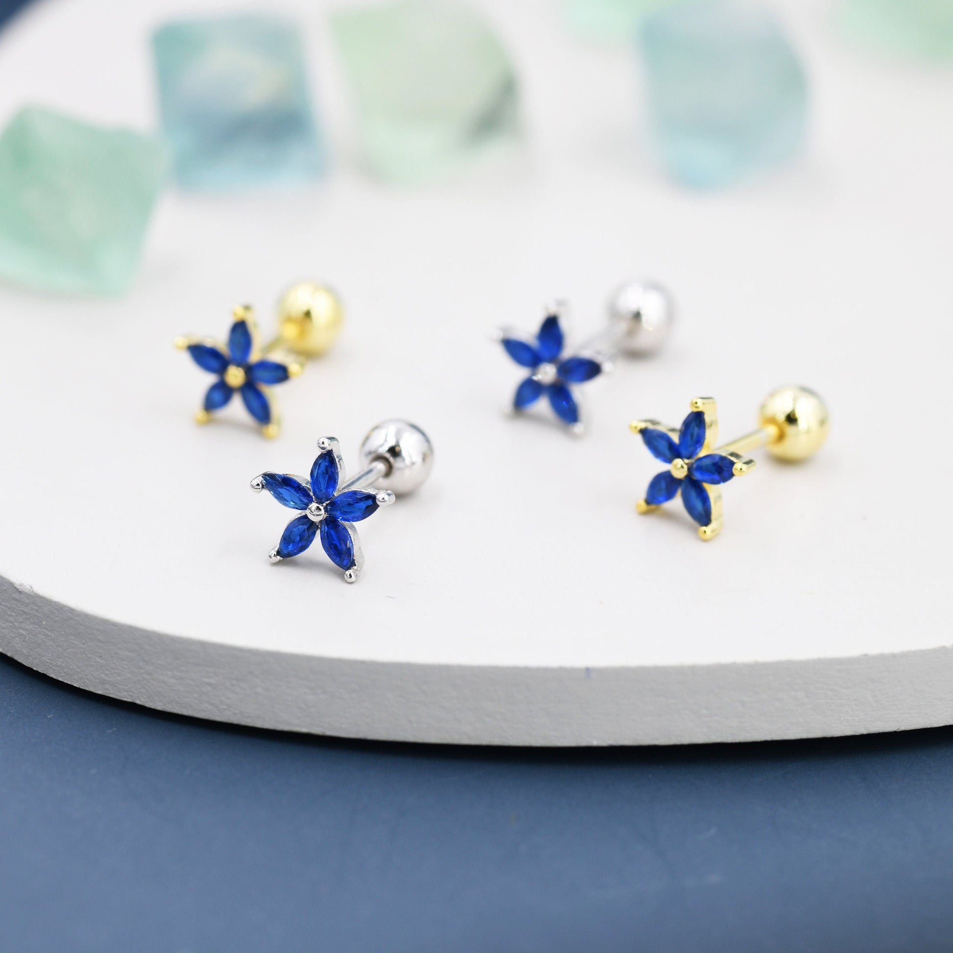 Blue CZ Flower Internally Threaded Flat Back Earrings / Screw Back Earrings in Sterling Silver,  Blue Forget-me-not CZ Flower Earrings