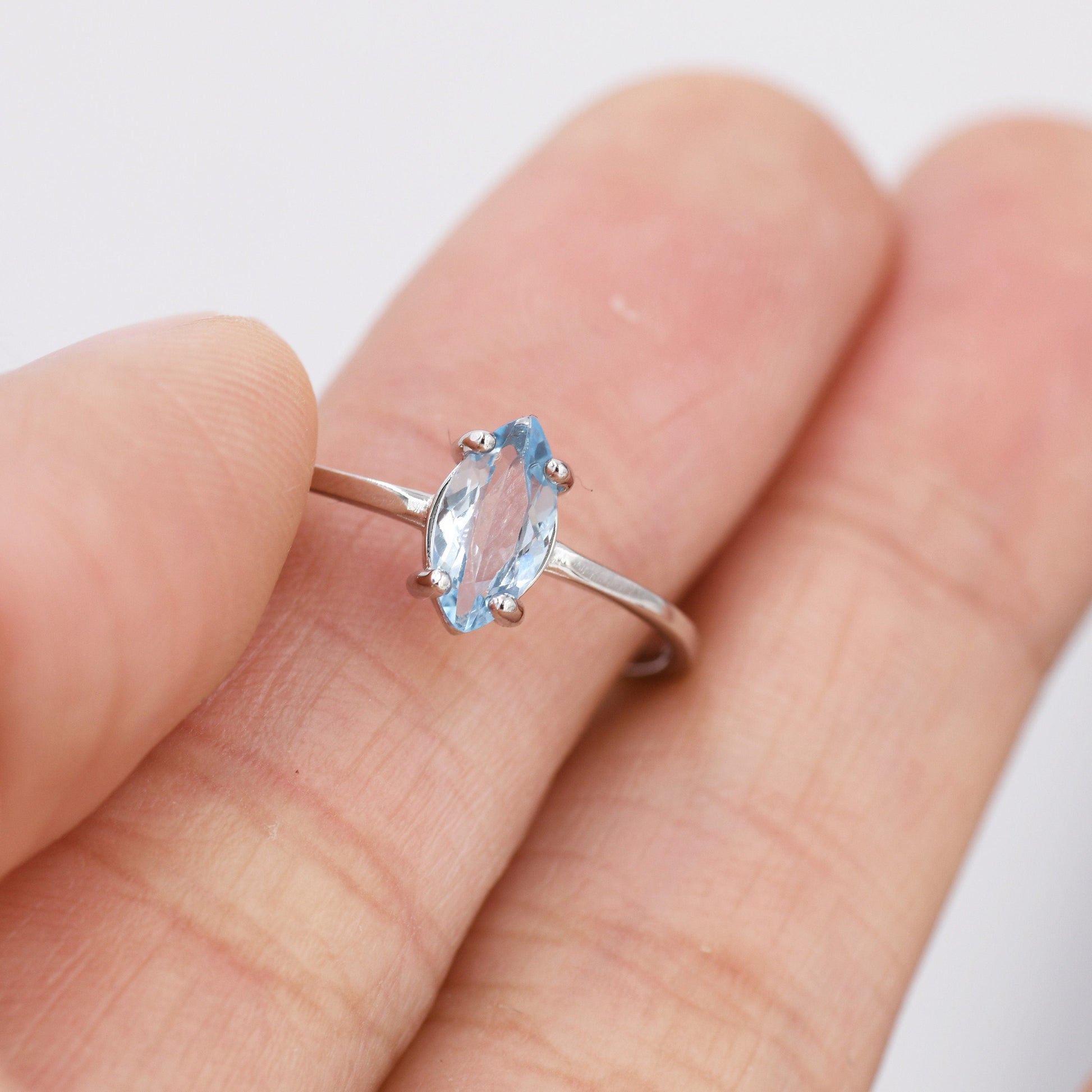 Genuine Sky Blue Topaz Ring in Sterling Silver, Natural Marquise Cut Topaz Stone Ring, Stacking Rings, US 5-8