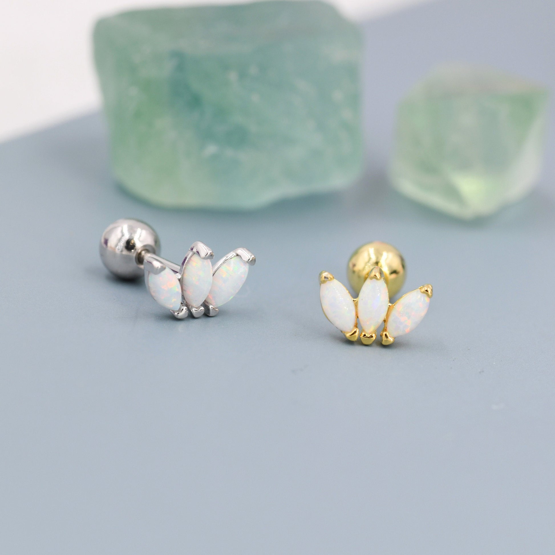 Sterling Silver White Opal Marquise Cluster Internally Threaded Flat Back/ Screw Back / Stud  Earrings, Marquise Fan Stud, Silver or Gold