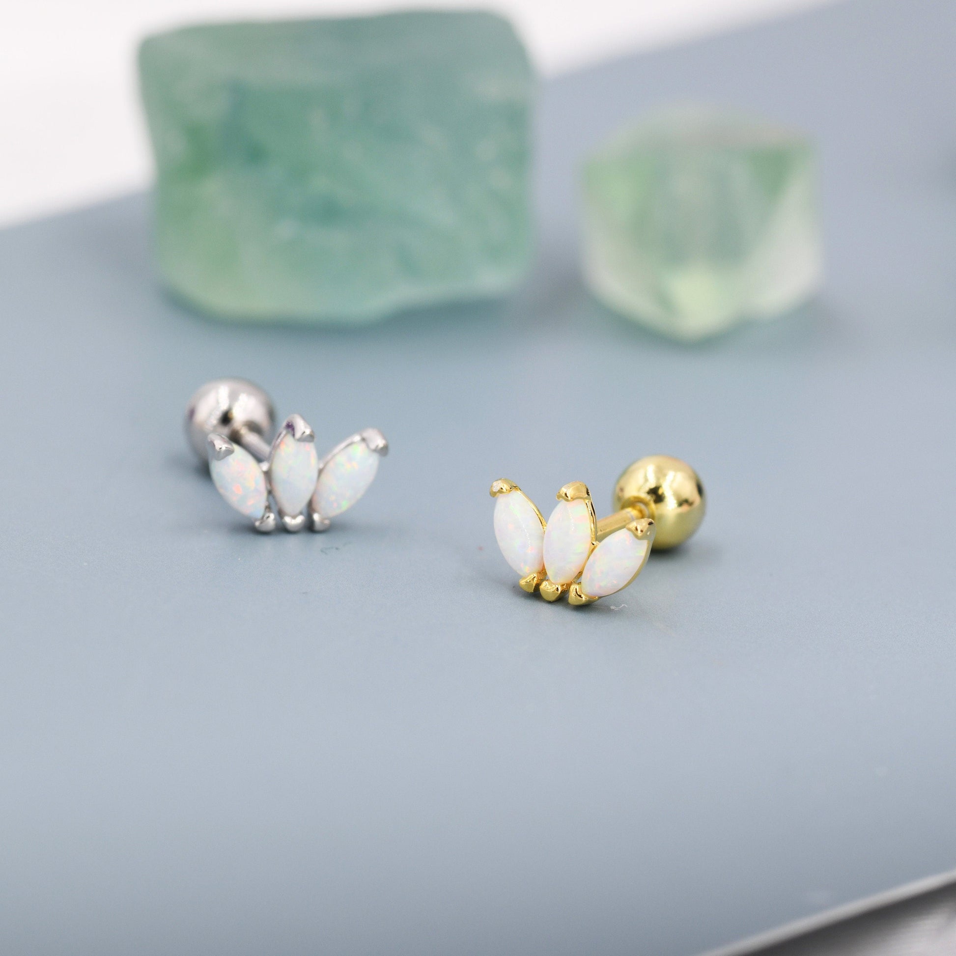 Sterling Silver White Opal Marquise Cluster Internally Threaded Flat Back/ Screw Back / Stud  Earrings, Marquise Fan Stud, Silver or Gold