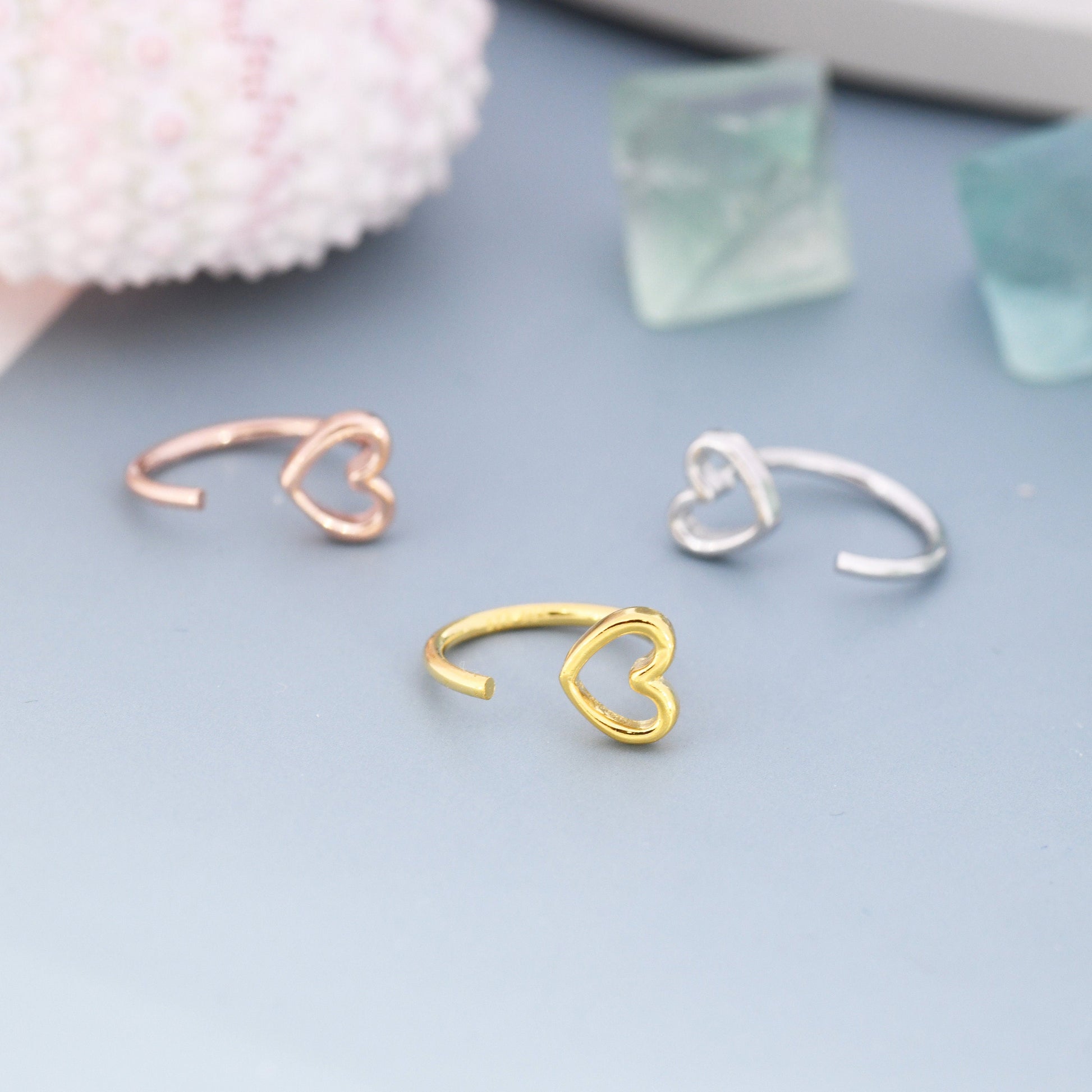 Tiny Open Heart Huggie Hoop Earrings in Sterling Silver, Silver, Gold or Rose Gold, Dainty Little Heart Open Threader, Threader Hoop