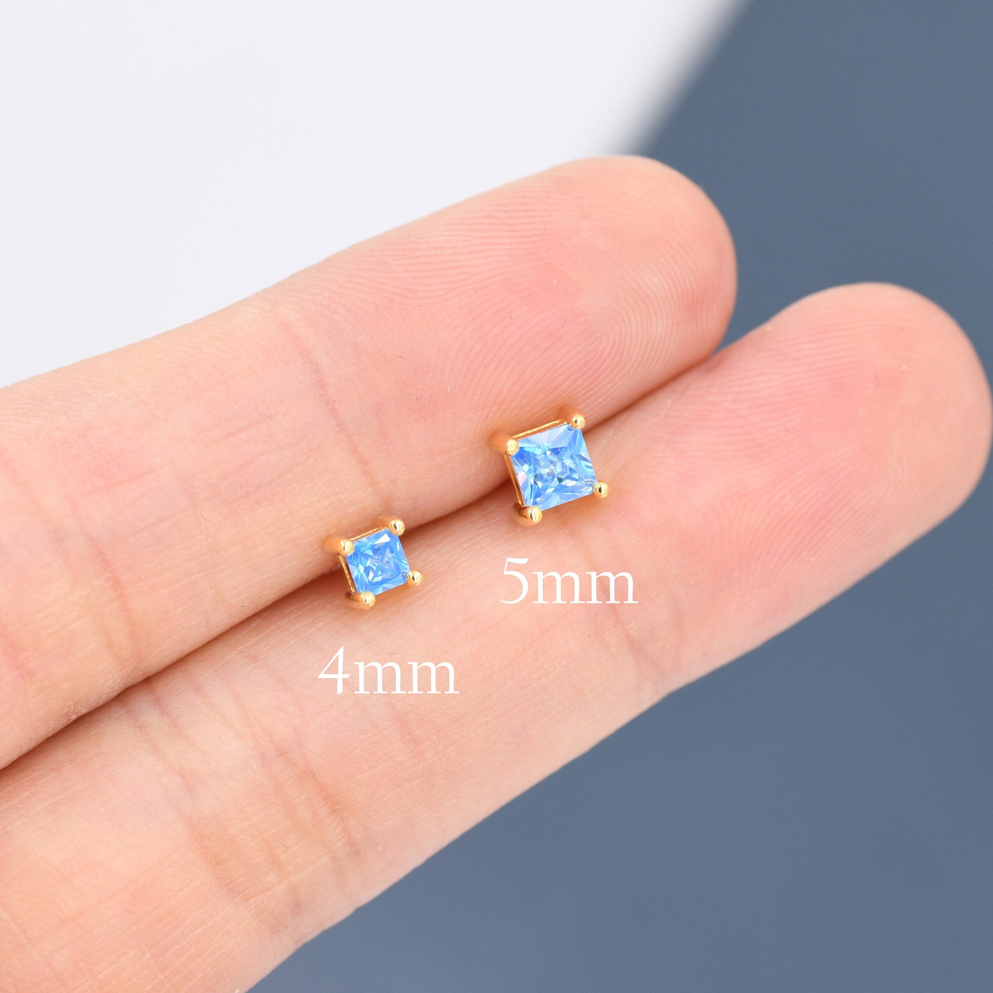 Princess Cut Dark Sapphire Blue CZ Stud Earrings in Sterling Silver,  Square Cut Crystal Earrings, Purple CZ,  September Birthstone