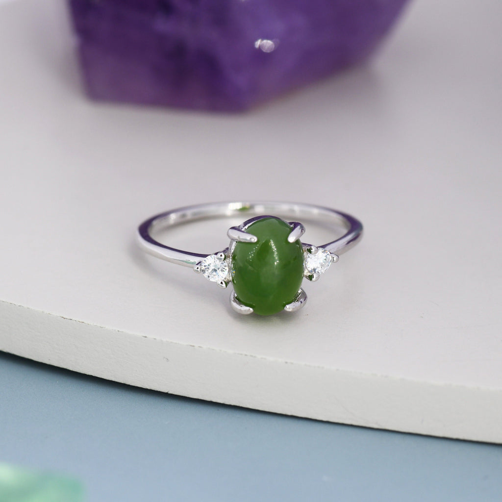 Genuine Oval Jade Stone Halo Ring in Sterling Silver, US 5 - 8, Natural Oval Jade Gemstone Ring,  Crystal Flower Ring