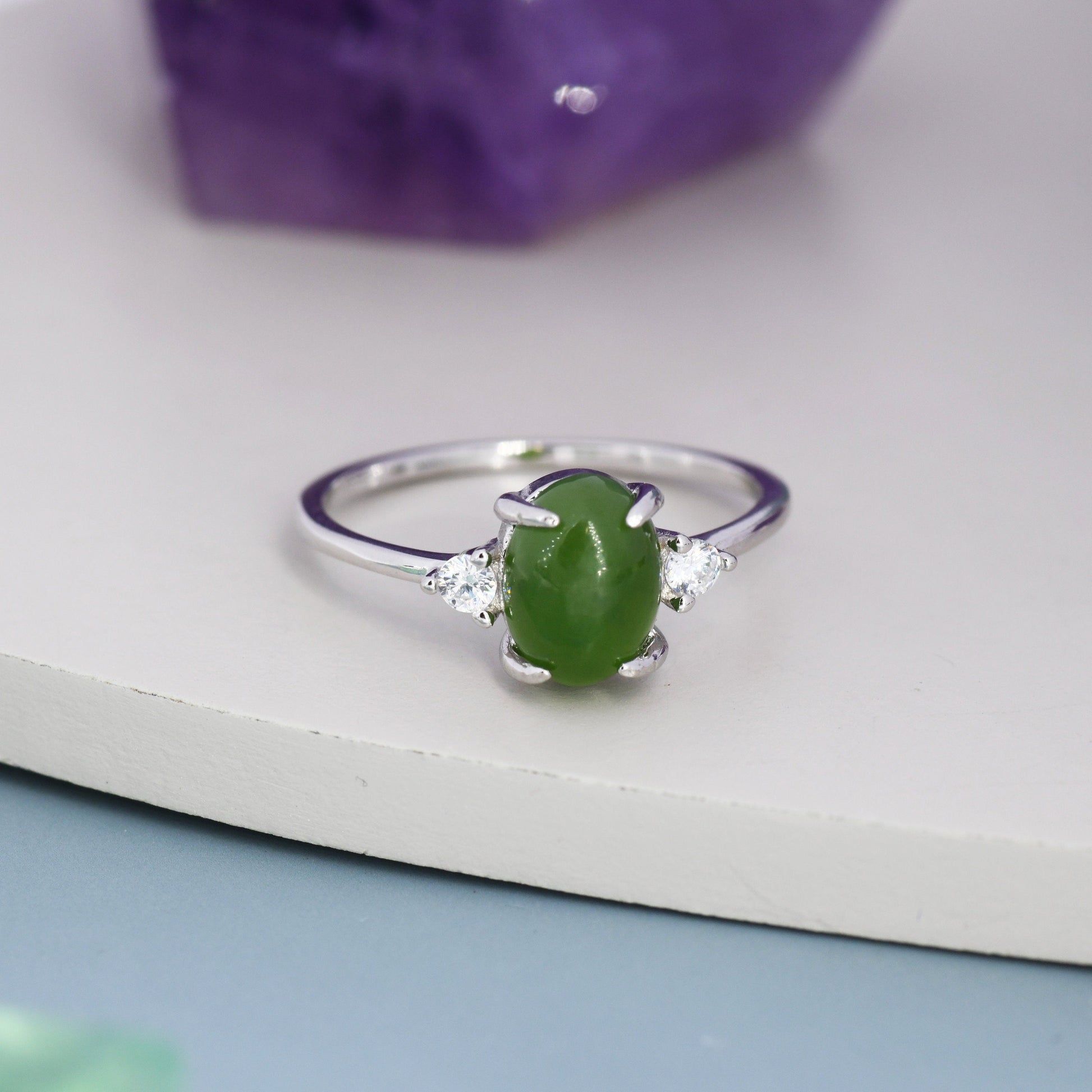 Genuine Oval Jade Stone Halo Ring in Sterling Silver, US 5 - 8, Natural Oval Jade Gemstone Ring,  Crystal Flower Ring