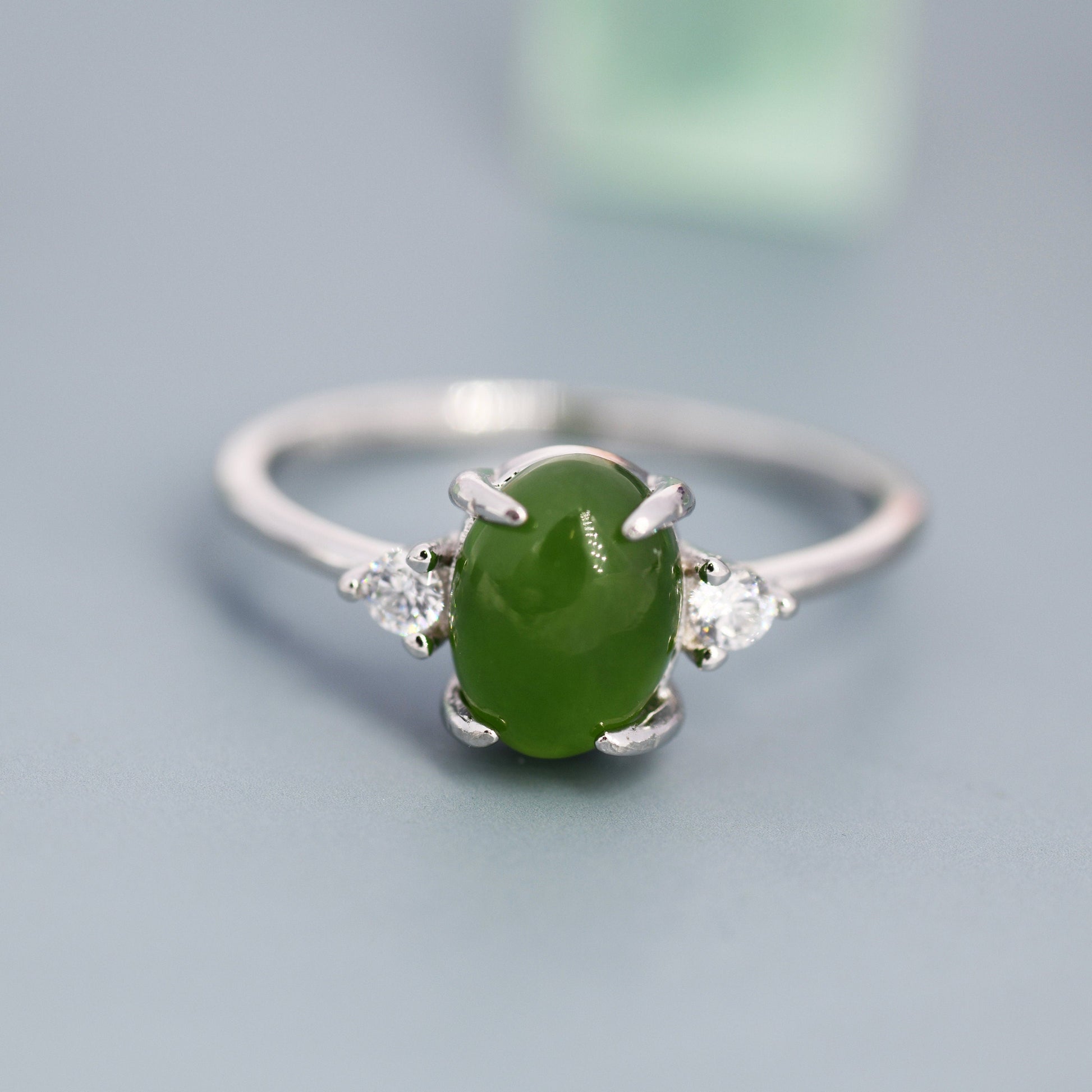 Genuine Oval Jade Stone Halo Ring in Sterling Silver, US 5 - 8, Natural Oval Jade Gemstone Ring,  Crystal Flower Ring