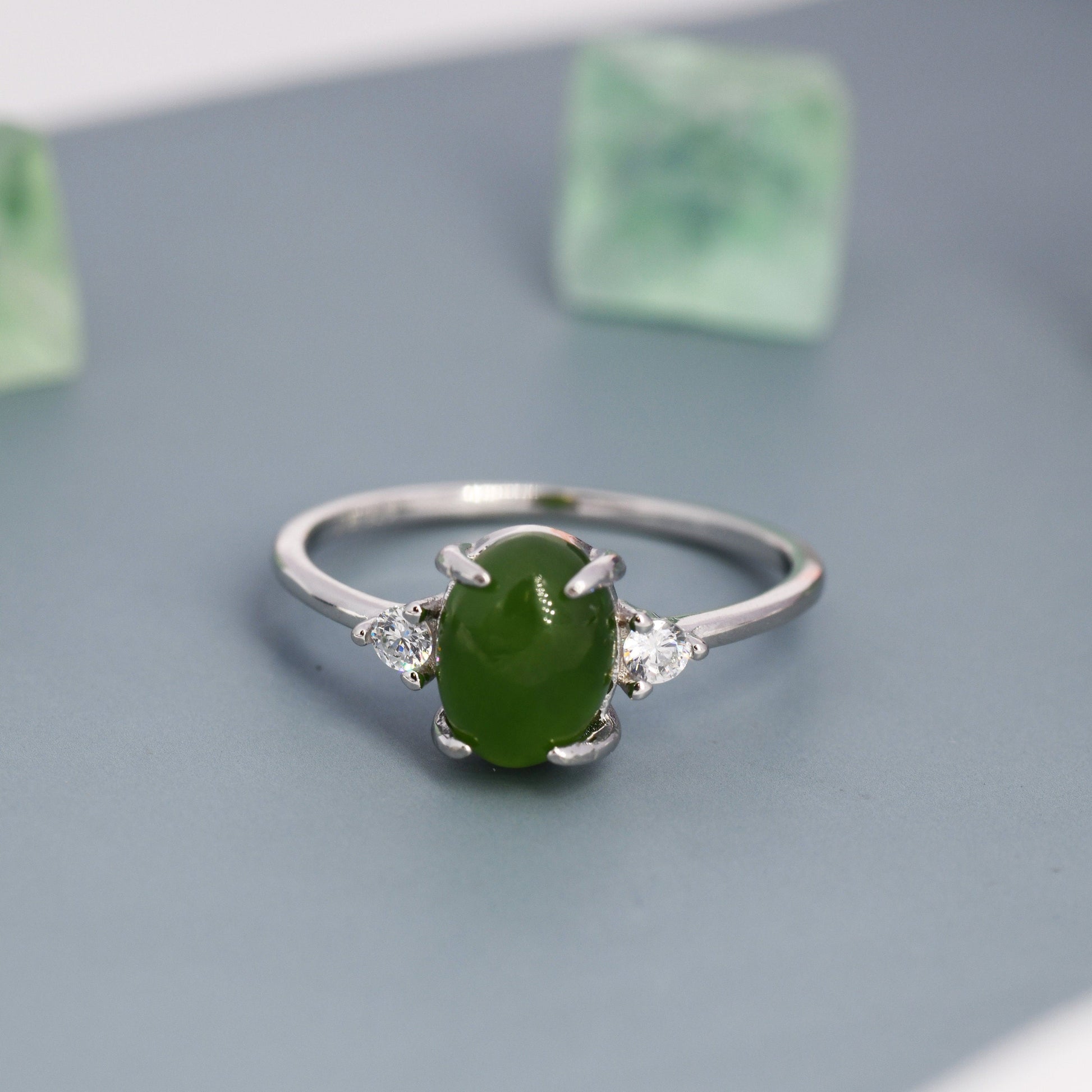 Genuine Oval Jade Stone Halo Ring in Sterling Silver, US 5 - 8, Natural Oval Jade Gemstone Ring,  Crystal Flower Ring