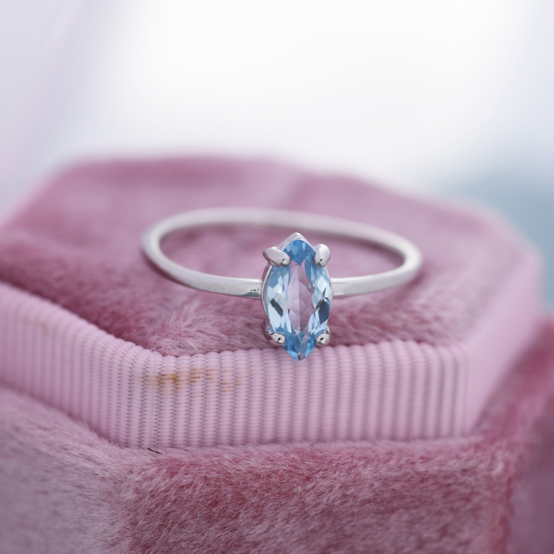 Genuine Sky Blue Topaz Ring in Sterling Silver, Natural Marquise Cut Topaz Stone Ring, Stacking Rings, US 5-8