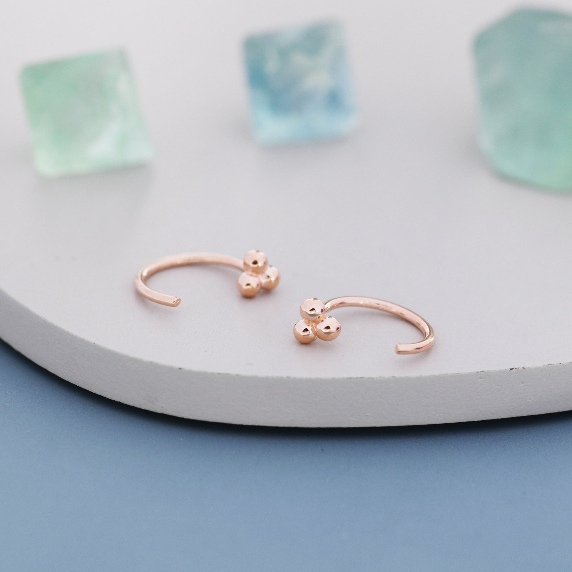 Tiny Three Ball Huggie Hoop Earrings in Sterling Silver, Three Ball Cluster Earrings, Open Hoops,  Pull-Through Threader Earrings,