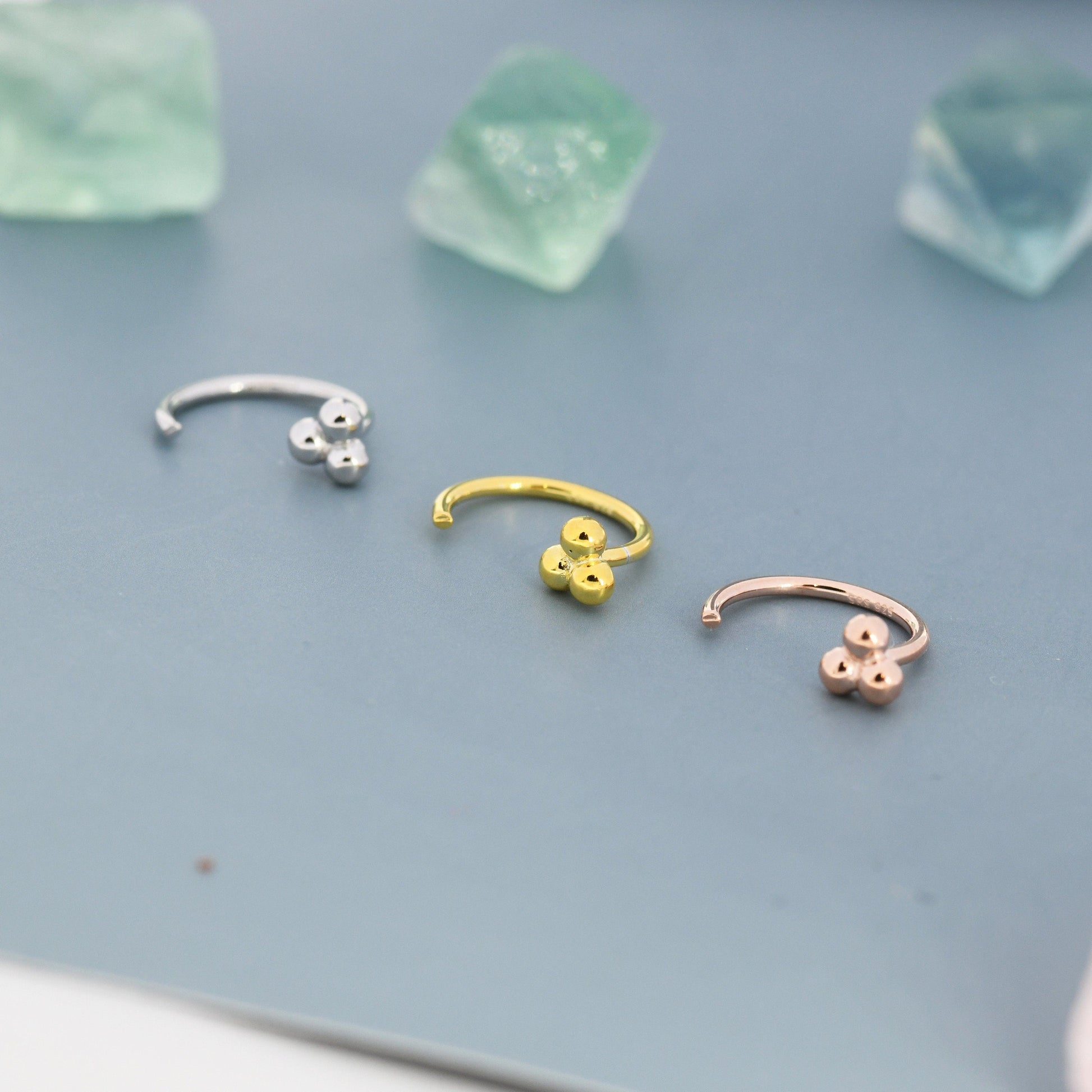 Tiny Three Ball Huggie Hoop Earrings in Sterling Silver, Three Ball Cluster Earrings, Open Hoops,  Pull-Through Threader Earrings,