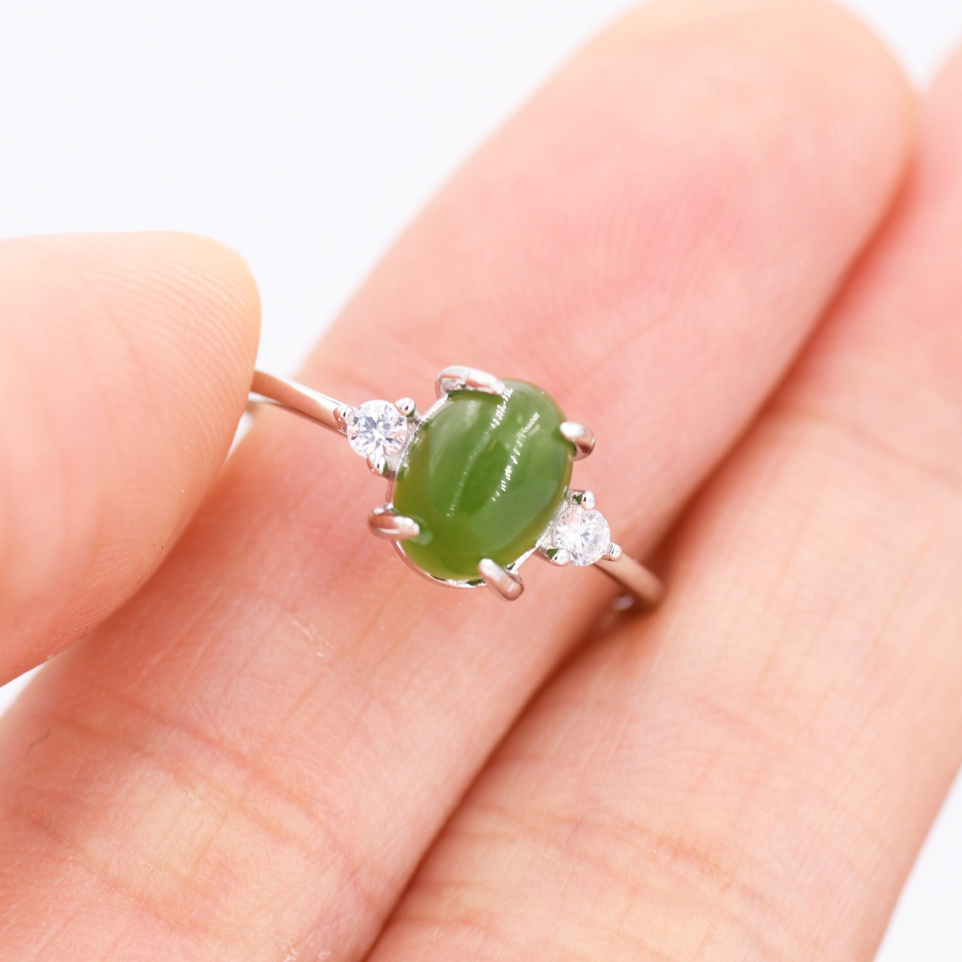 Genuine Oval Jade Stone Halo Ring in Sterling Silver, US 5 - 8, Natural Oval Jade Gemstone Ring,  Crystal Flower Ring
