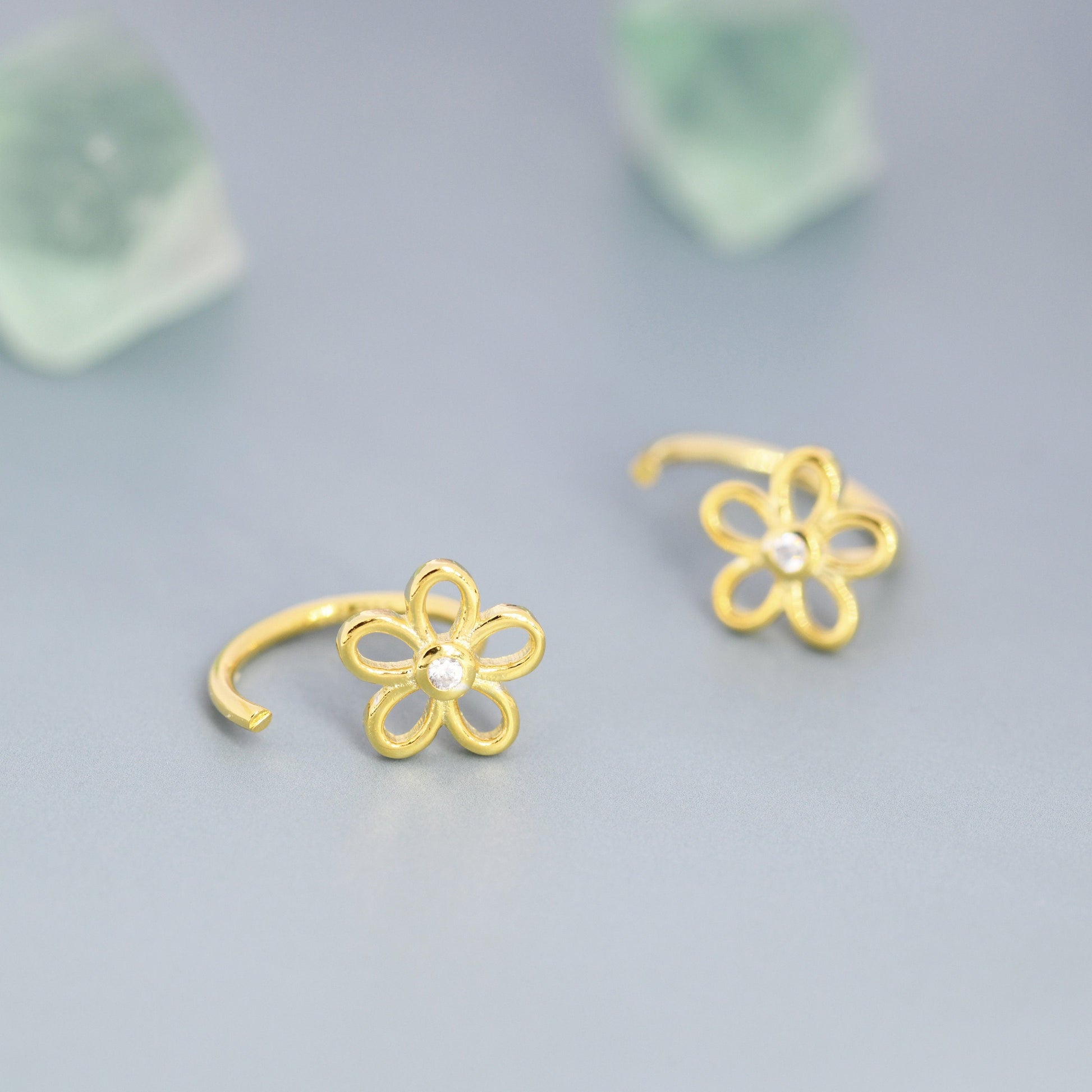 Forget me not Flower Huggie Hoop Earrings in Sterling Silver, Curved Post Earrings, Open Hoops,  Pull-Through Threader Earrings,