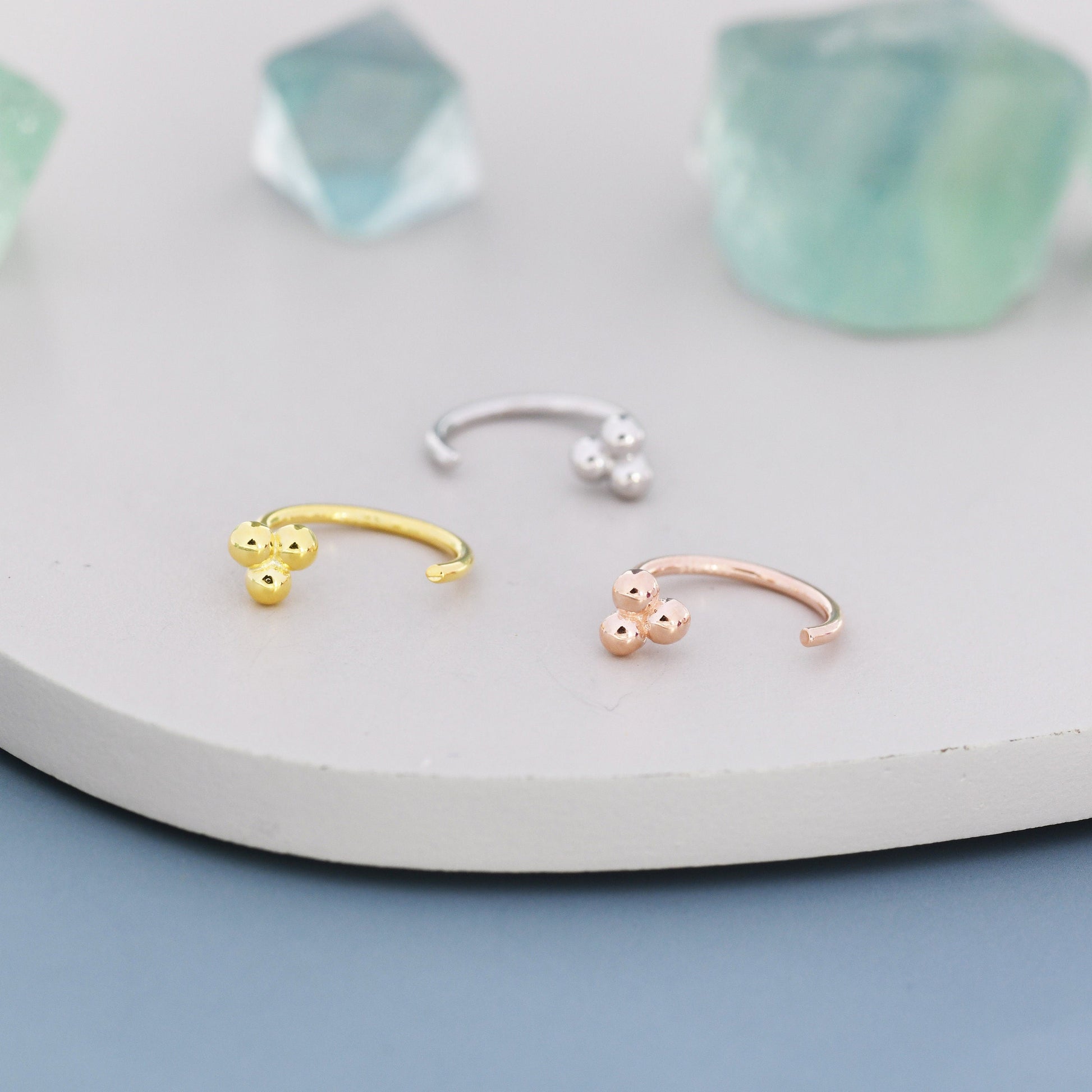 Tiny Three Ball Huggie Hoop Earrings in Sterling Silver, Three Ball Cluster Earrings, Open Hoops,  Pull-Through Threader Earrings,