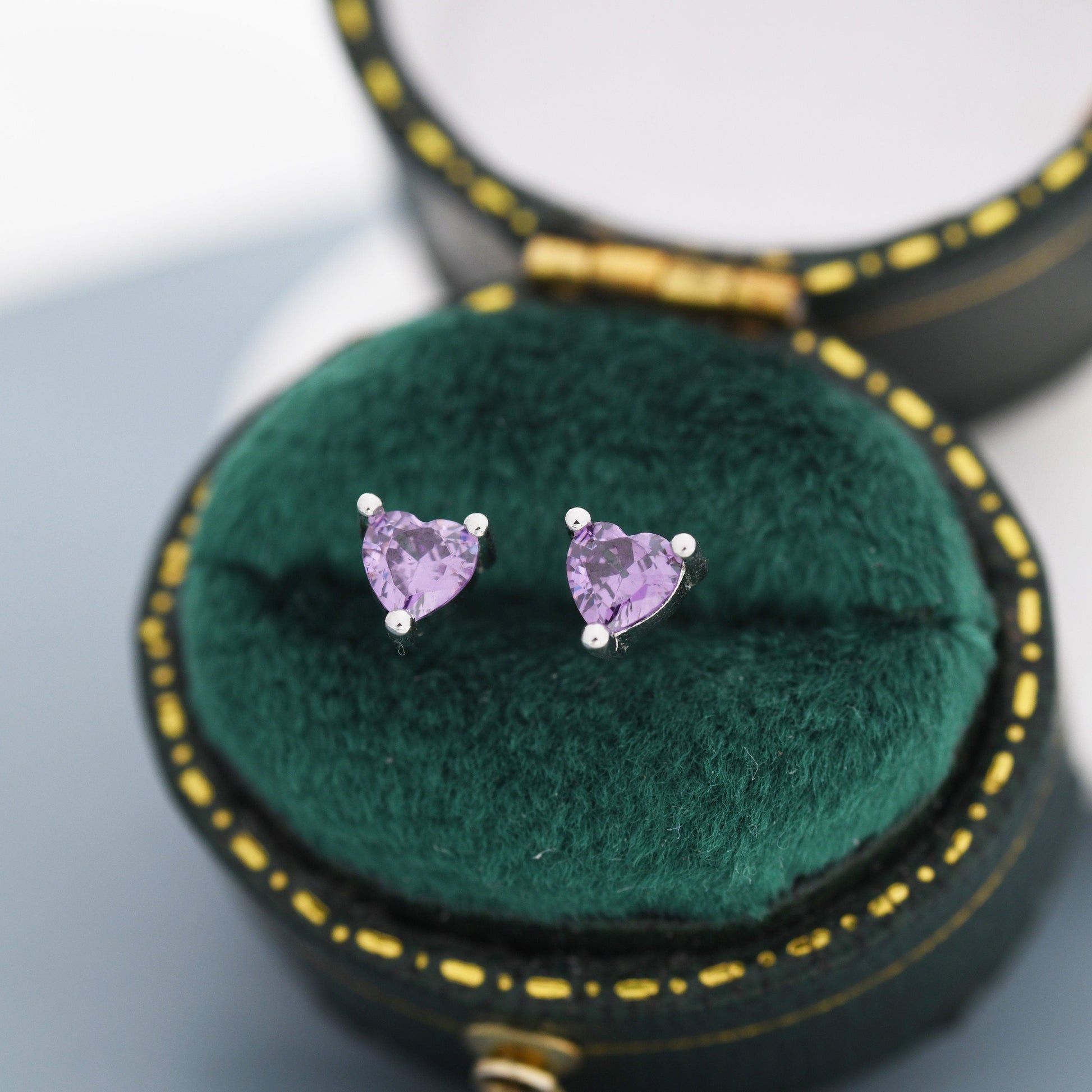 Tiny Amethyst Purple CZ Heart Stud Earrings in Sterling Silver, Silver or Gold,  Diamond CZ Crystal Heart Earrings, Stacking Earrings