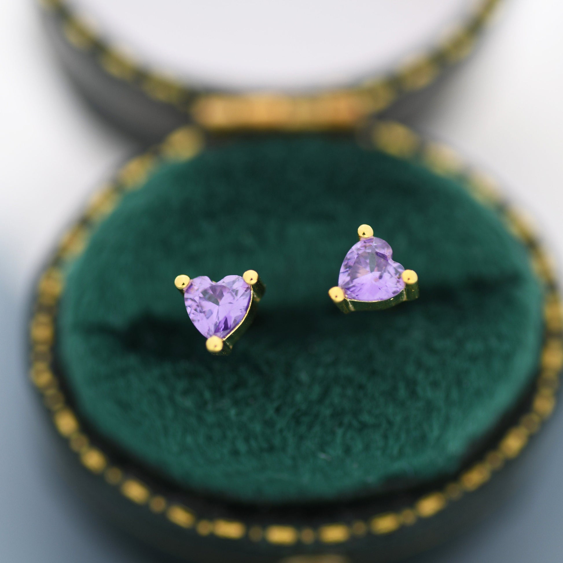 Tiny Amethyst Purple CZ Heart Stud Earrings in Sterling Silver, Silver or Gold,  Diamond CZ Crystal Heart Earrings, Stacking Earrings