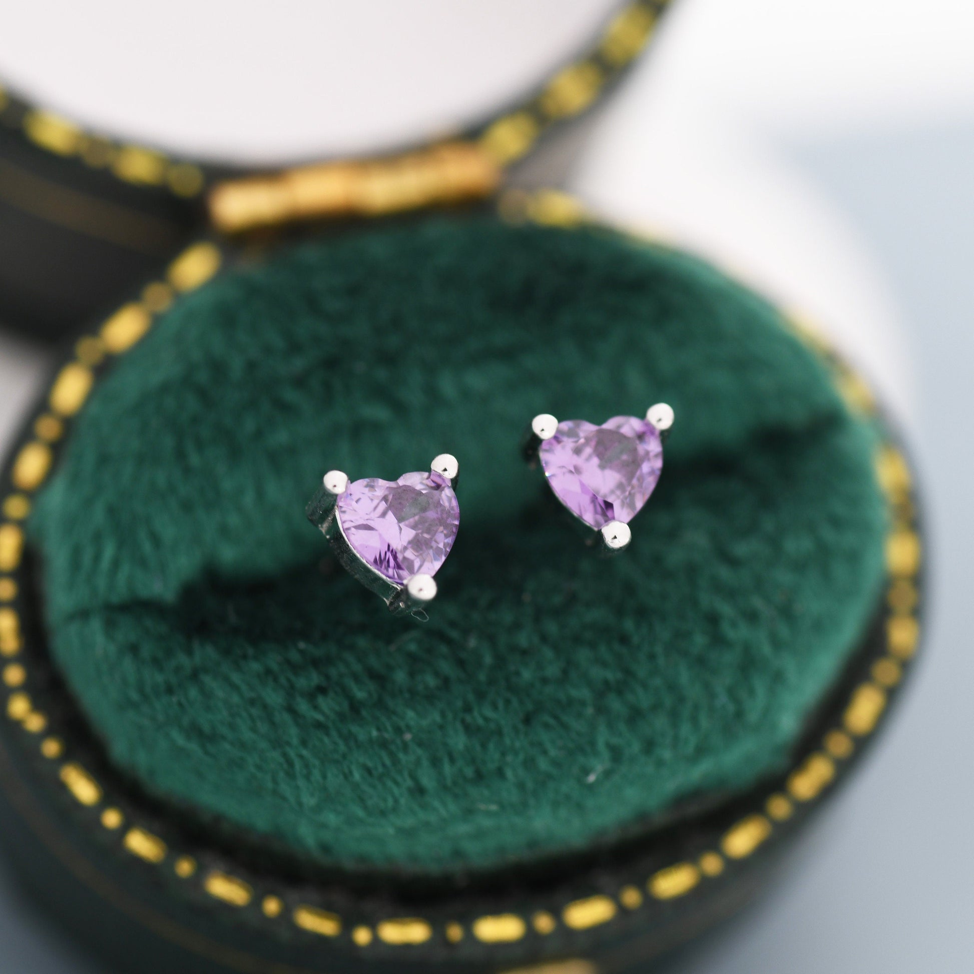 Tiny Amethyst Purple CZ Heart Stud Earrings in Sterling Silver, Silver or Gold,  Diamond CZ Crystal Heart Earrings, Stacking Earrings