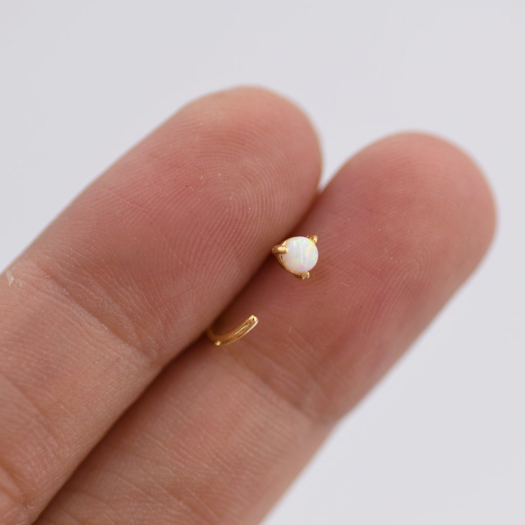 Minimalist Opal Huggie Hoop Threader Earrings in Sterling Silver, 3mm Three Prong, Gold or Silver, Pull Through Open Hoops, Fire Opal