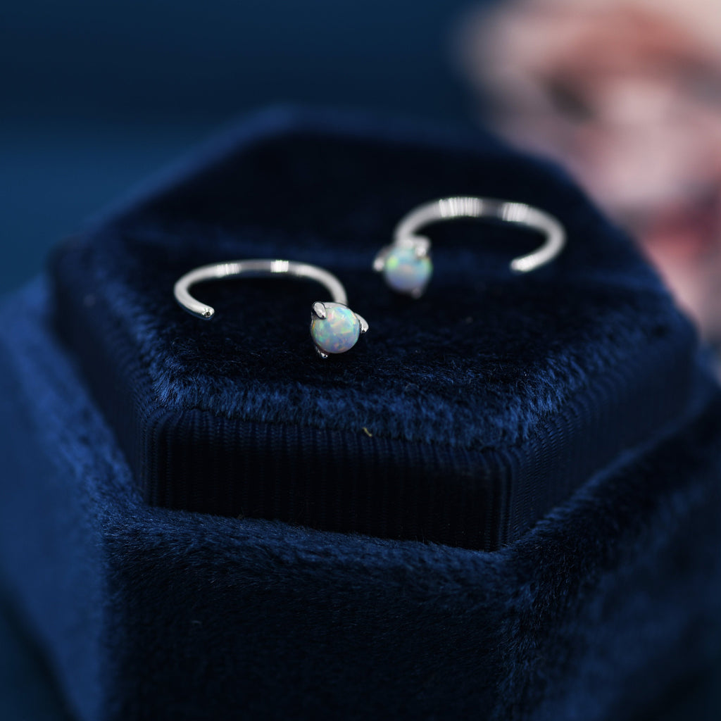 Minimalist Opal Huggie Hoop Threader Earrings in Sterling Silver, 3mm Three Prong, Gold or Silver, Pull Through Open Hoops, Fire Opal