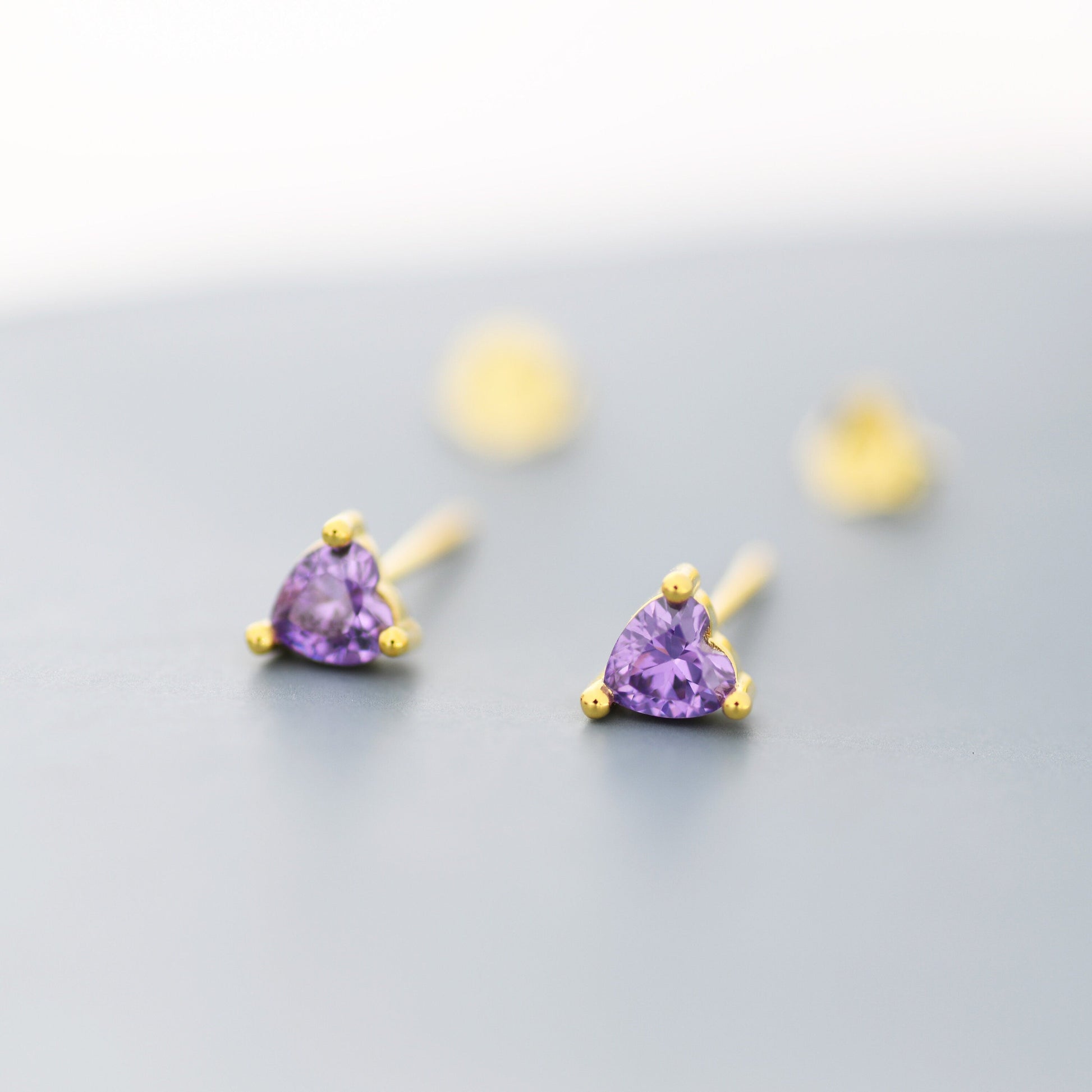 Tiny Amethyst Purple CZ Heart Stud Earrings in Sterling Silver, Silver or Gold,  Diamond CZ Crystal Heart Earrings, Stacking Earrings