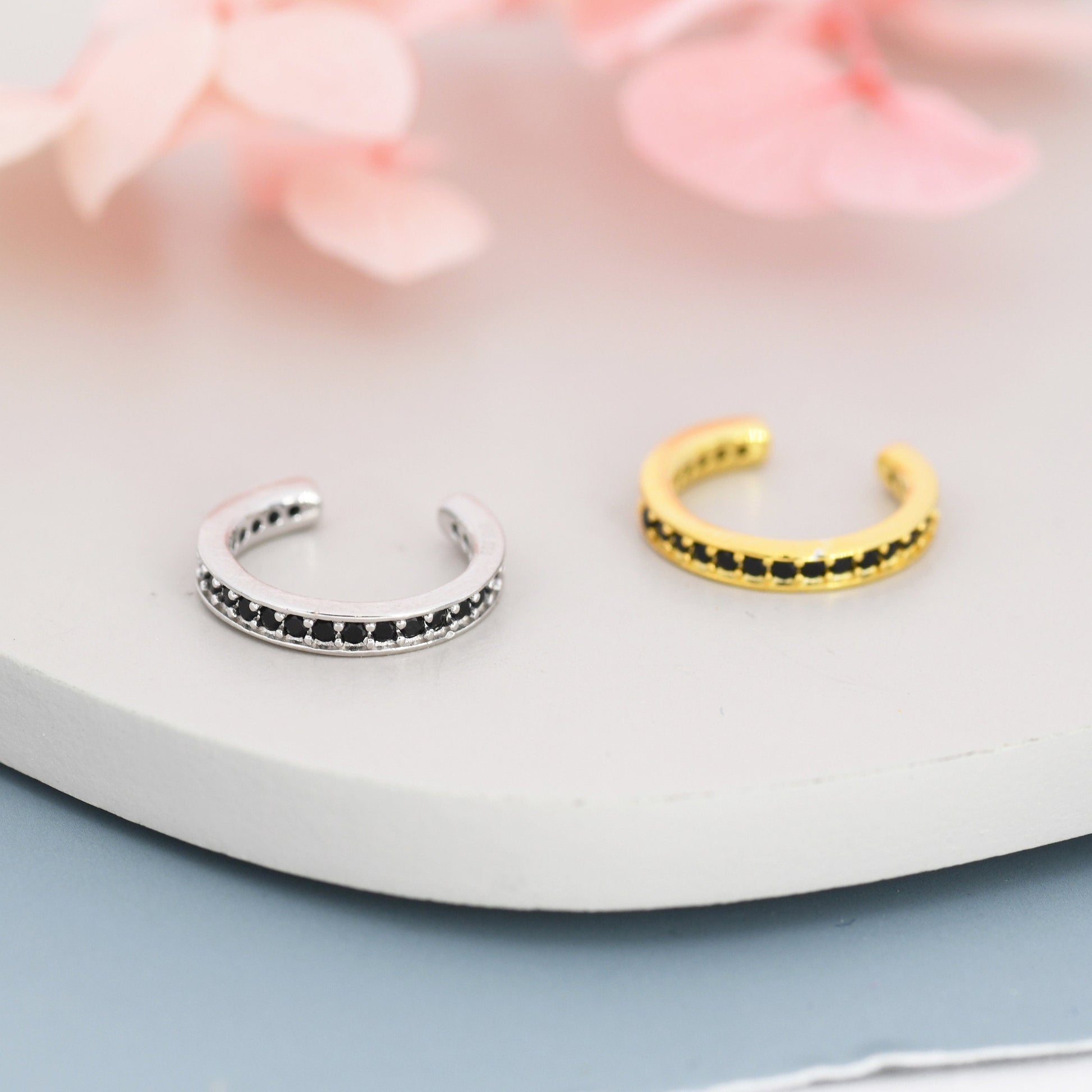 Black CZ Ear Cuff in Sterling Silver, Silver or Gold, Simple Piercing Free Earrings, Minimalist Ear Cuff, Black Diamond Cuff